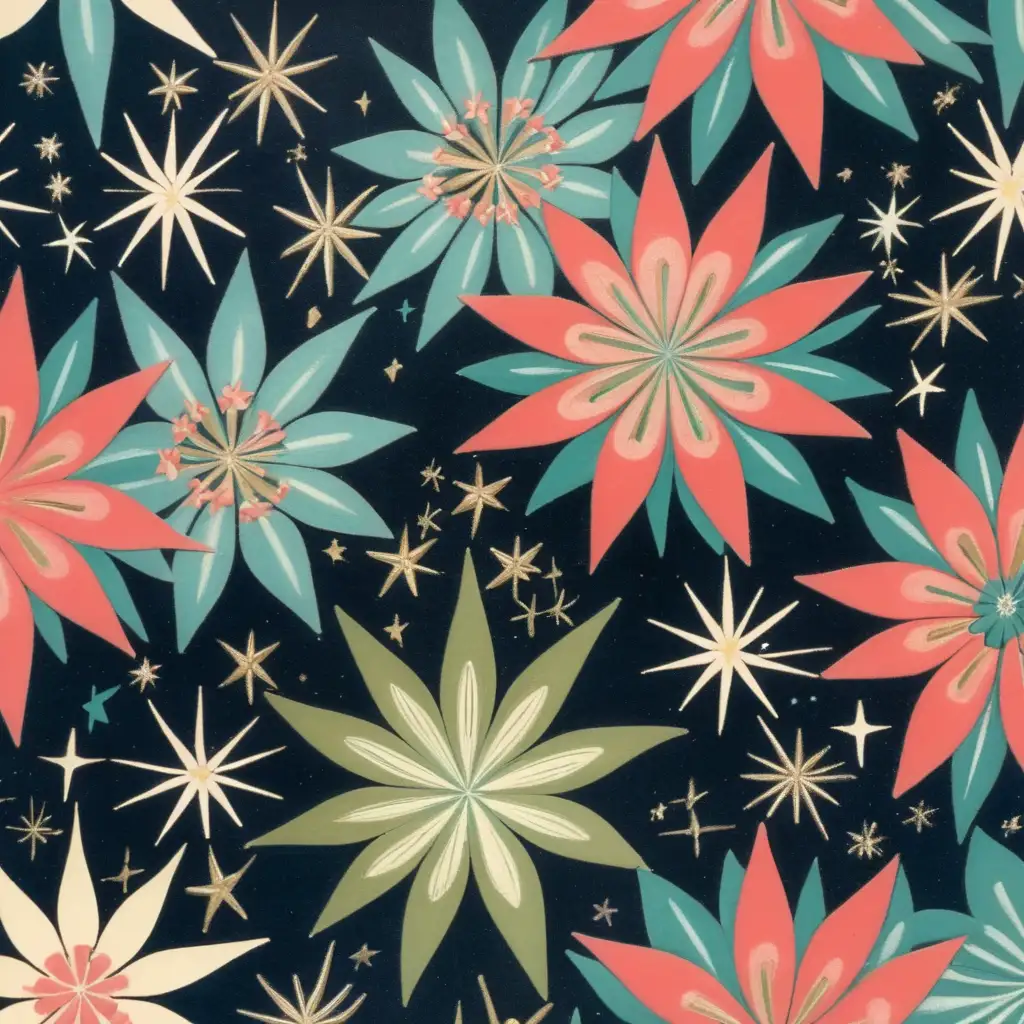 Dorothy Draper Inspired 1950s Floral Design with Deco Galaxy Stars A Glamorous Fusion