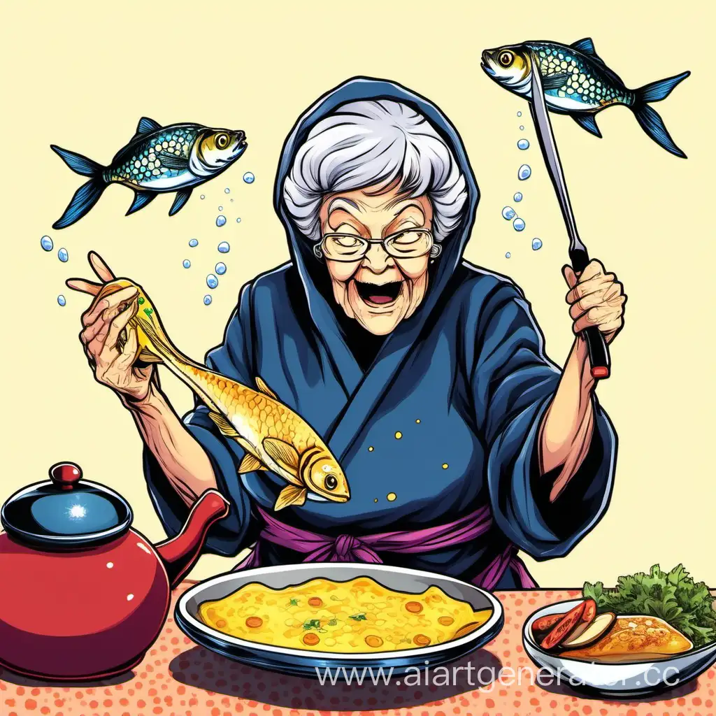 Бабушка нинзя ест омлет и крутит рыбу над головой