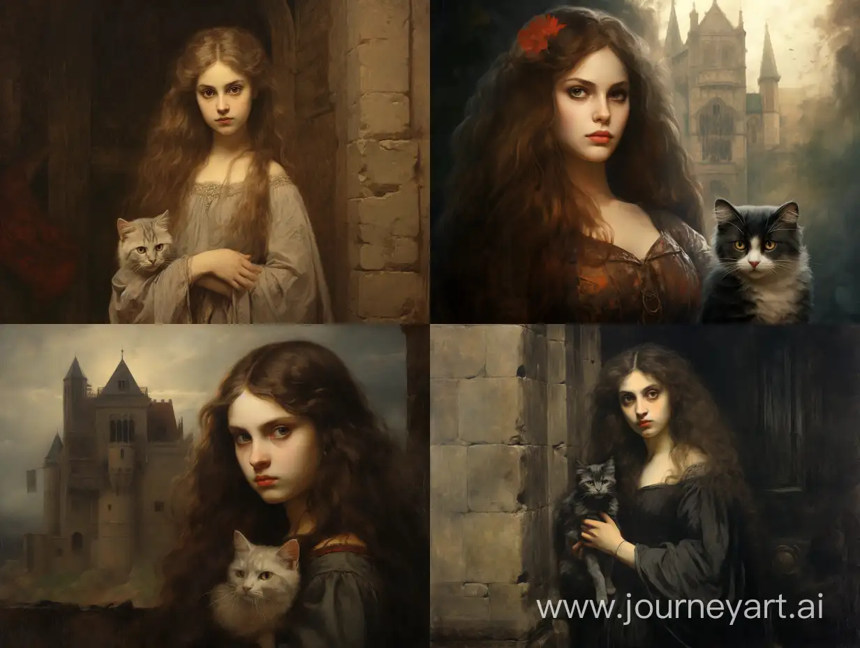 Enchanting-Hermione-Lookalike-with-Displeased-Siamese-Cat-in-Medieval-Castle-Setting