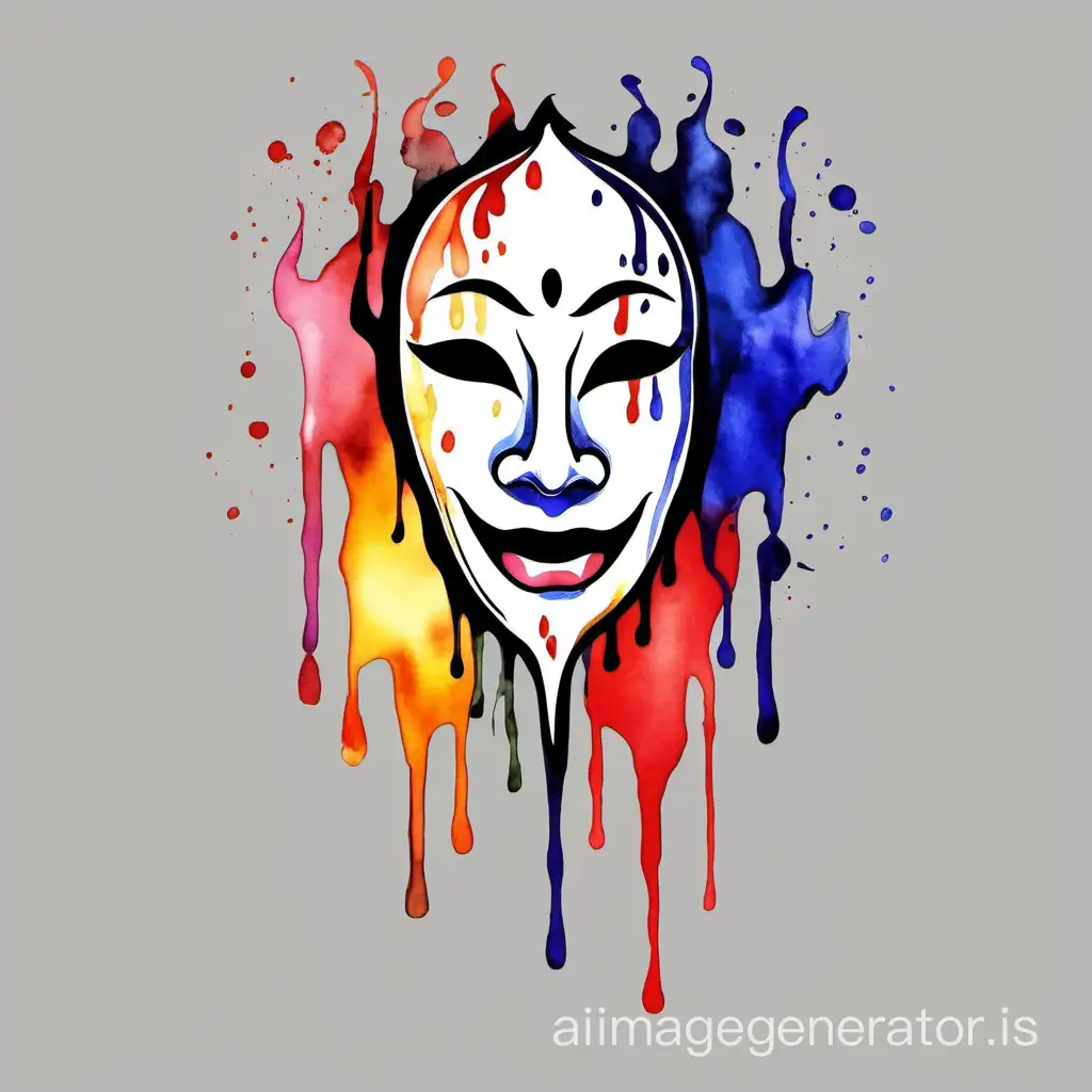 Abstract cartoonish watercolor design of a crying mask as a melting candle, sumi-e Japanese watercolor style, color splash, multicolor palette, design suitable for t-shirt, and with total black background