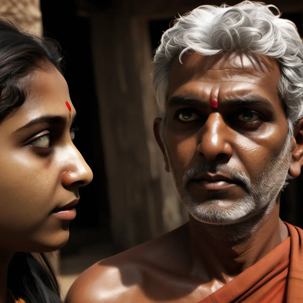 /imagine prompt: Realistic, personality: [In a close-up shot, a middle-aged gray haired temple priest Raghav inches closer to  Ashna, a young and innocent South Indian village woman, his intentions turning darker. Ashna's face displays a mix of confusion and discomfort, hinting at the shift in energy] unreal engine, hyper real --q 2 --v 5.2 --ar 16:9