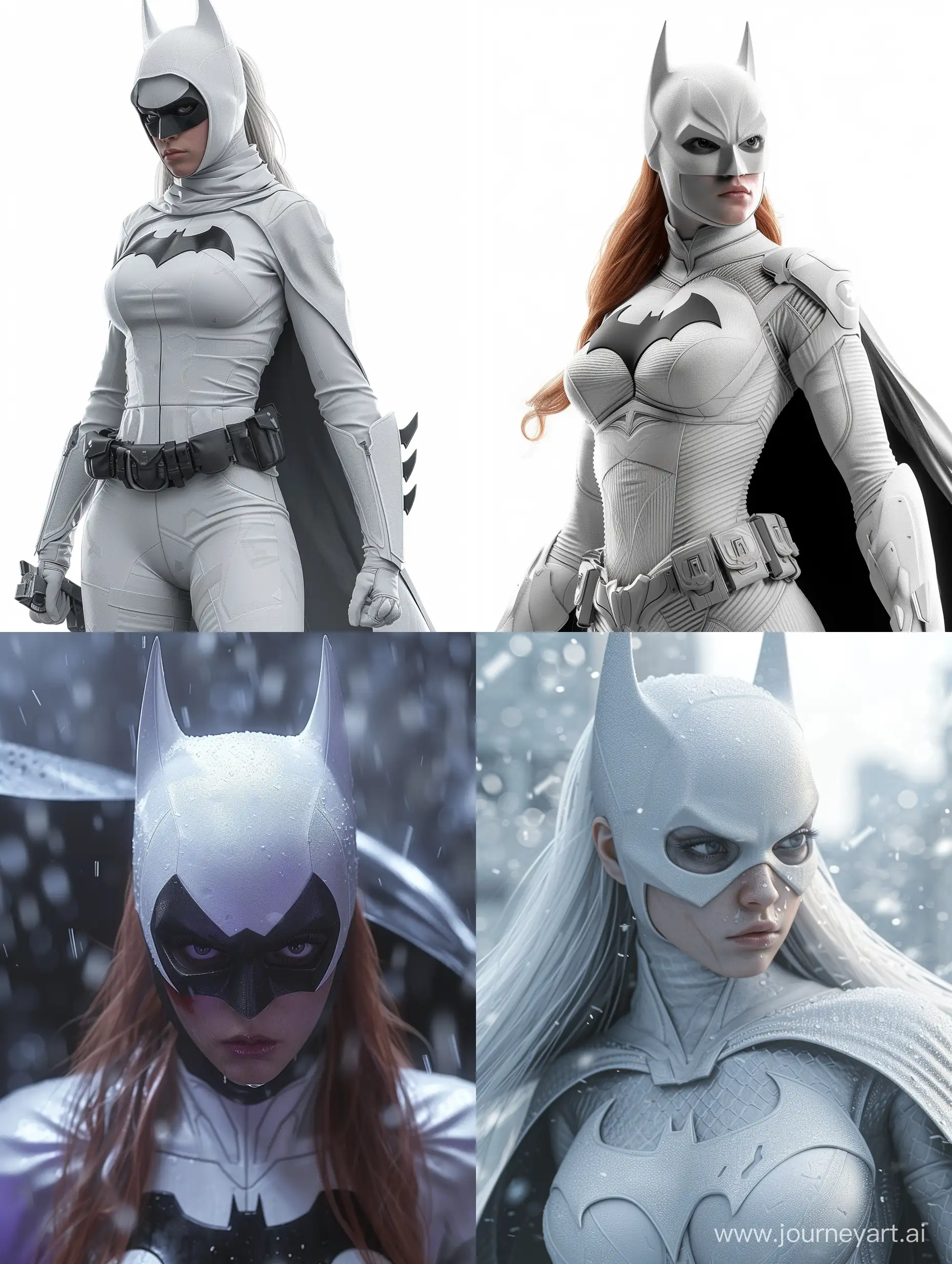 Batgirl in white climatically 8K realistic