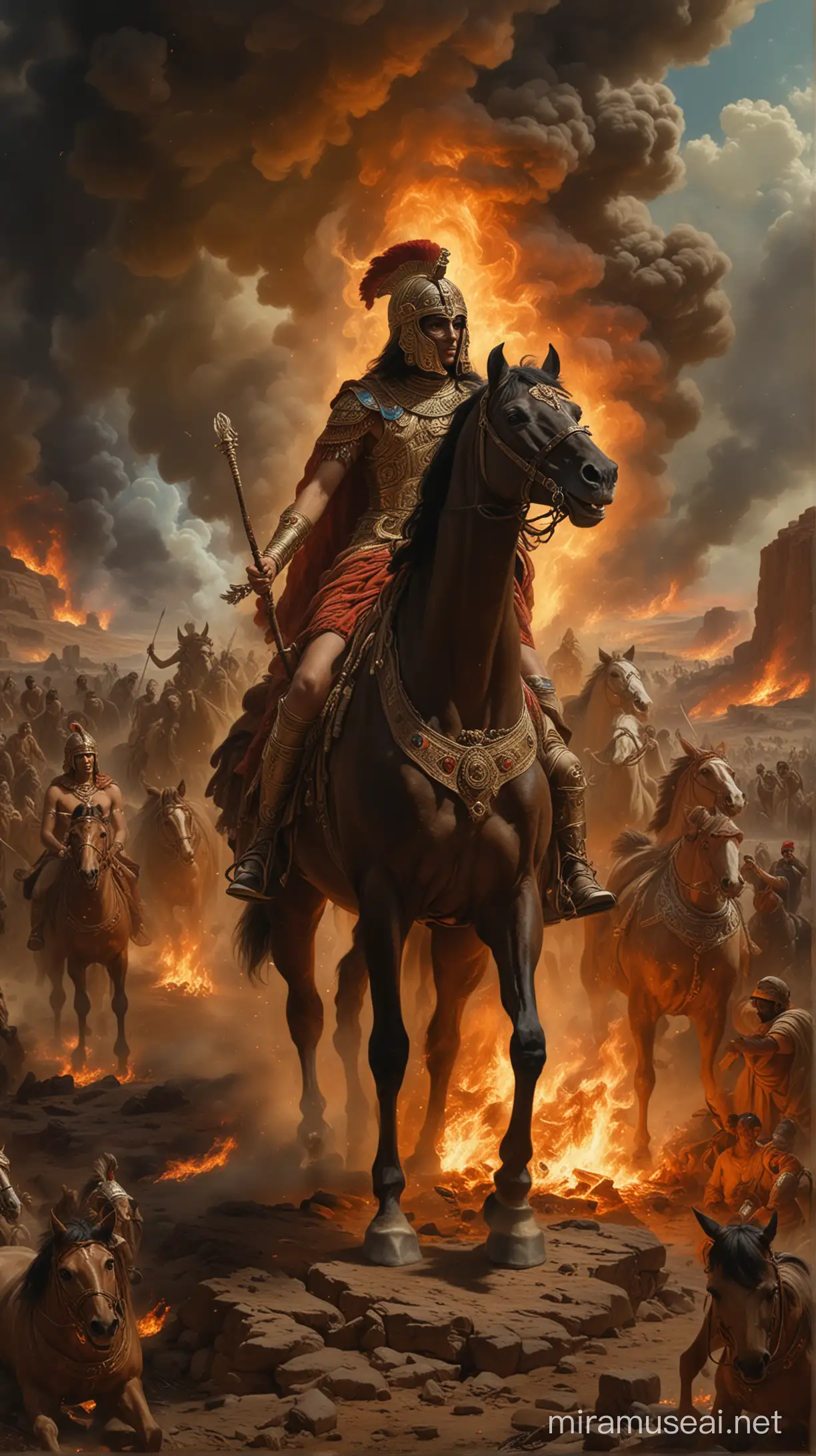 An intriguing (((scene))) featuring Cleopatra's brother riding a horse in a (((moody fire-filled landscape))), with a distinctive, ornate mask obscuring his face, framed by a gathering of figures who appear to be observing with a mix of curiosity and awe