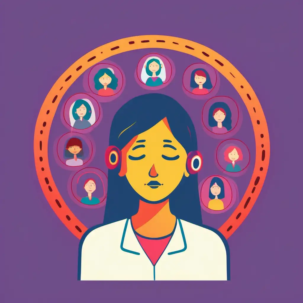 Voice teacher with student. Saint halo around the voice teacher’s head. She looks tired. Use flat illustration style and lots of bold colors.