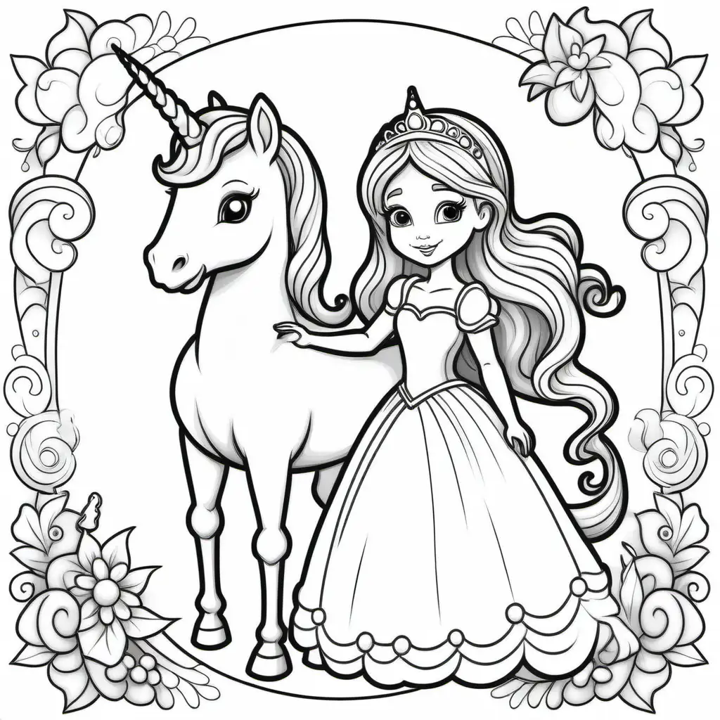 coloring book image, cartoon style princess with small unicorn in bright pastel colors--9:16--vr5