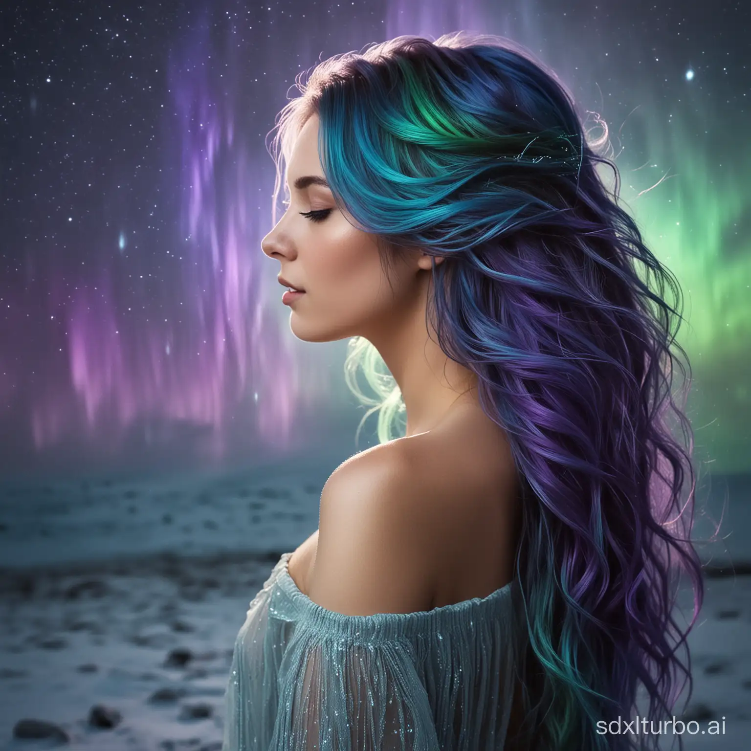 girl with hair styled to resemble the ethereal beauty of the Northern Lights. Her flowing locks cascade down her shoulders and appear to be infused with vibrant hues reminiscent of the Aurora Borealis. The colors gracefully blend together, creating a mesmerizing display of purples, blues, and greens. The girl's hair seems to shimmer and dance as if capturing the enchanting essence of the Northern Lights, while the background remains serene and devoid of any celestial phenomena
