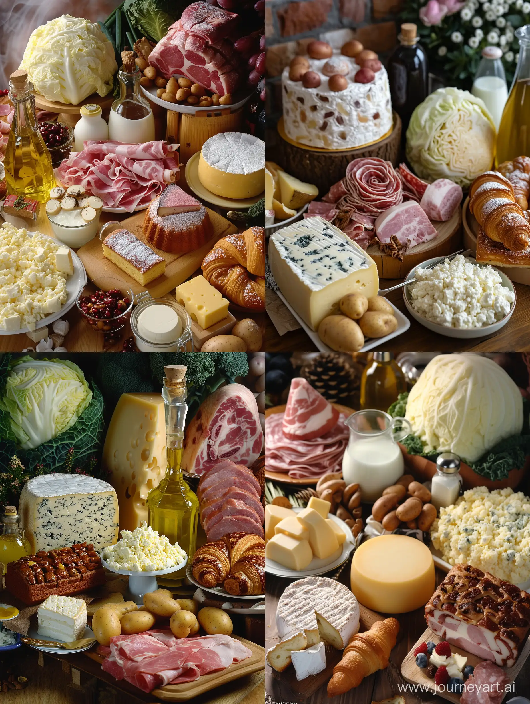 digital photo, farm products, lots of cheese, meat, ham, cottage cheese, milk, butter, vegetable oil, cake, croissant, eclair, cake, bread, cabbage, potatoes
