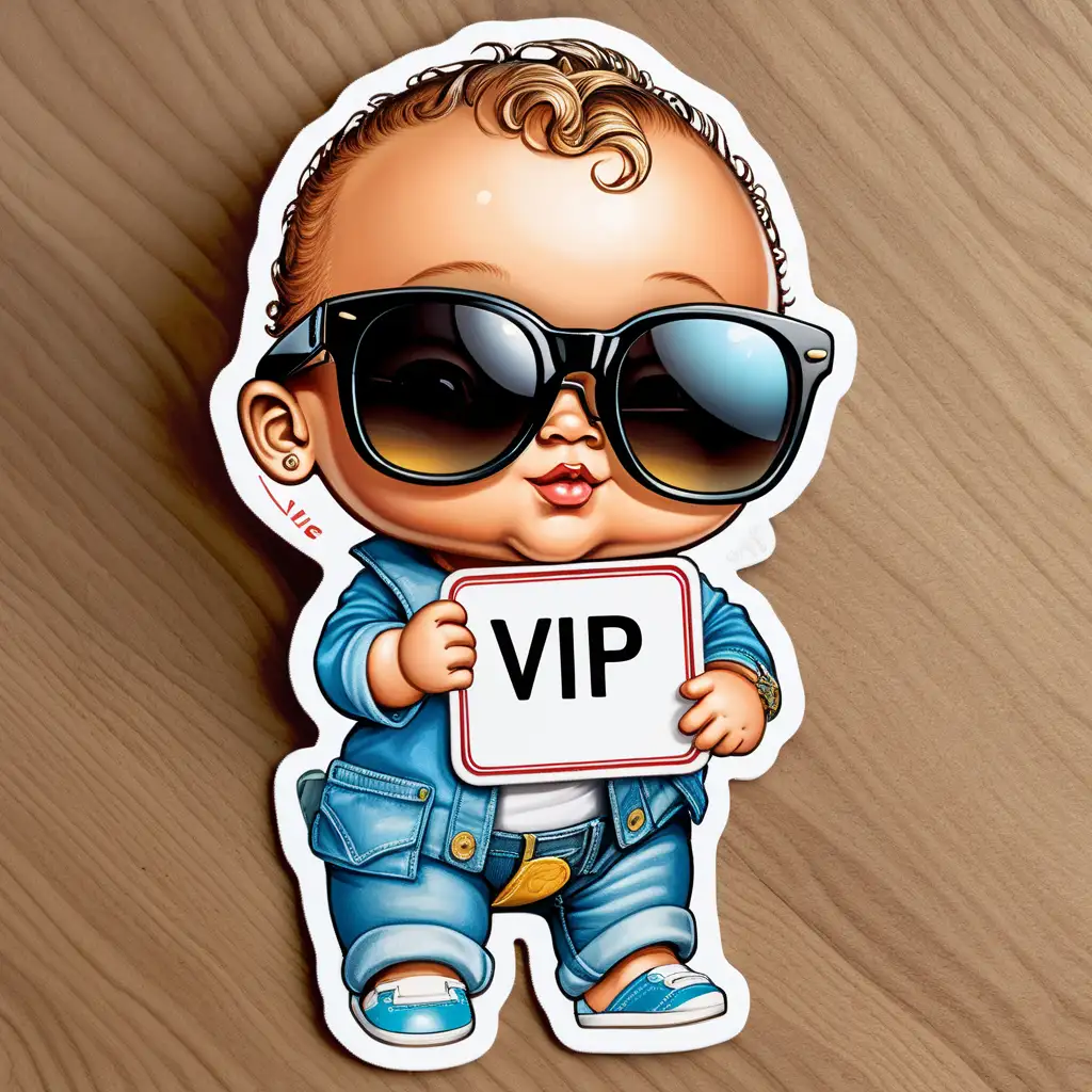 Un stickers de bébé avec des lunettes de soleil tenant un panneau  VIP- VERY IMPORTANT POUPON