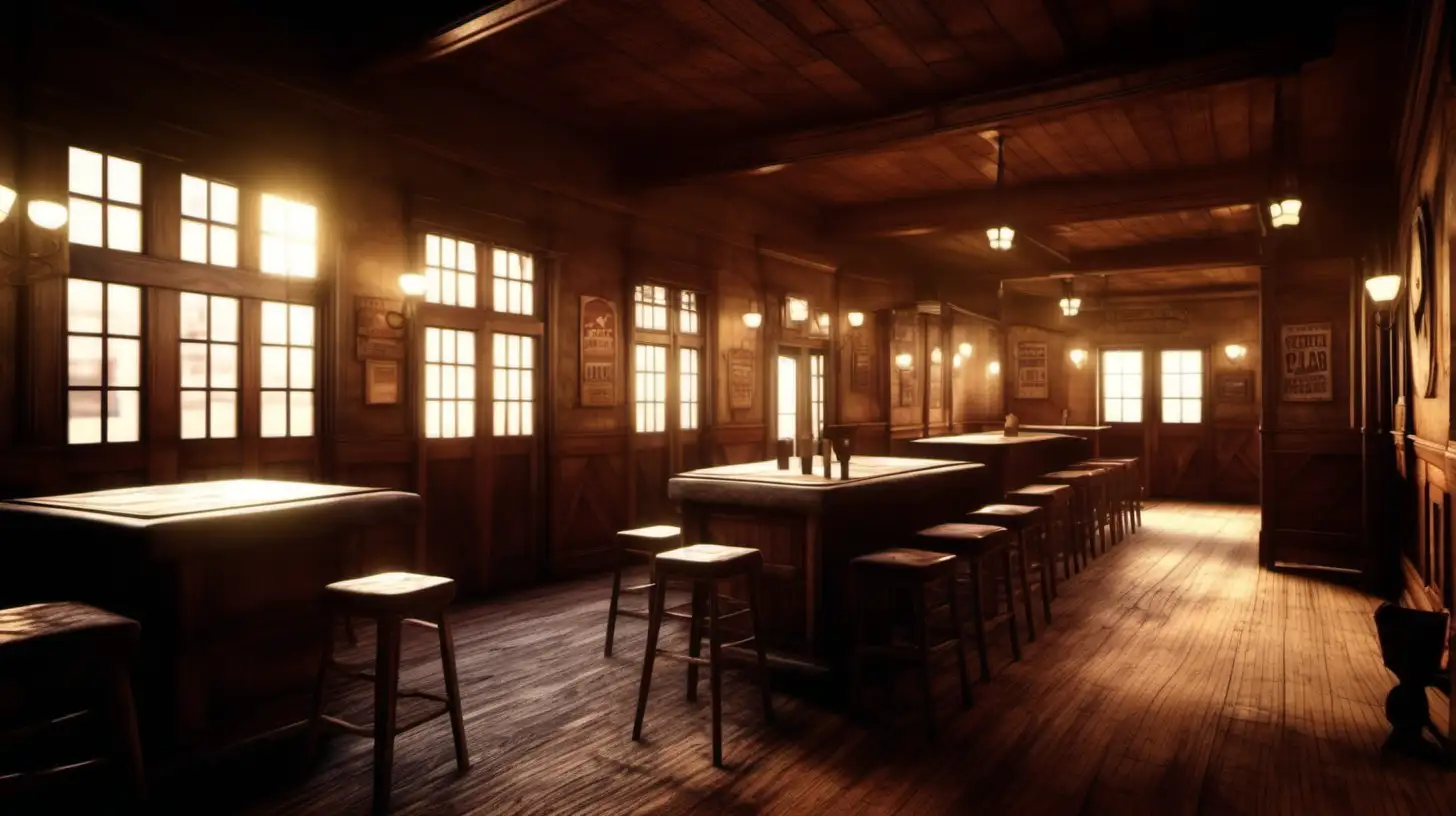 Photorealistic interior of an old west saloon, cinematic lighting.