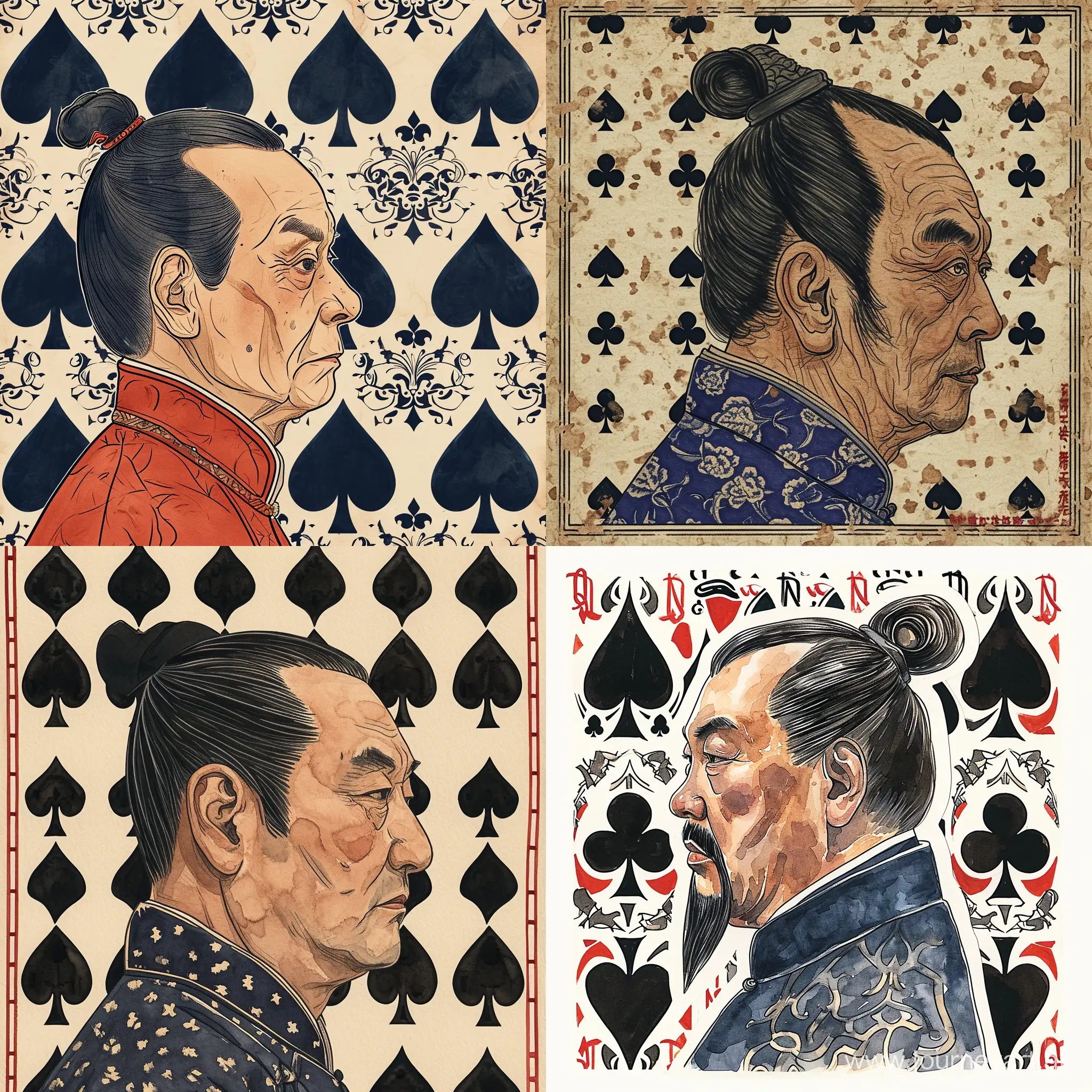 Emperor-Qin-Shihuangdi-Portrait-in-Victor-Ngai-Style-Watercolor-on-Spades-Pattern-Background