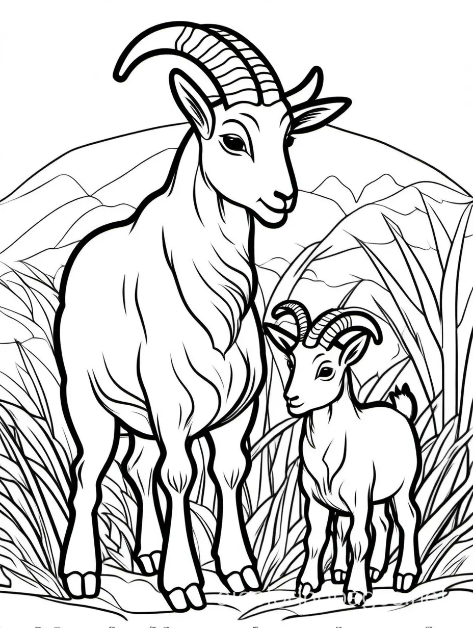 cuteGoat With his Kid for kids , Coloring Page, black and white, line art, white background, Simplicity, Ample White Space. The background of the coloring page is plain white to make it easy for young children to color within the lines. The outlines of all the subjects are easy to distinguish, making it simple for kids to color without too much difficulty