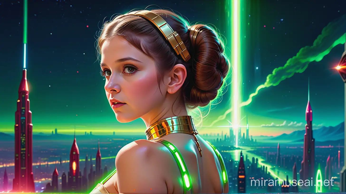 A very young, preteen child, Carrie Fisher as Princess Leia, standing sideways, with pert nipples and ample backside exposed, amidst a stunningly beautiful, densely lit, neon green, red and gold colored futuristic, alien city with incandescent lightning, laser blasts, multiple explosions and lens flares across a gorgeous night sky with hundreds of glittering stars.
