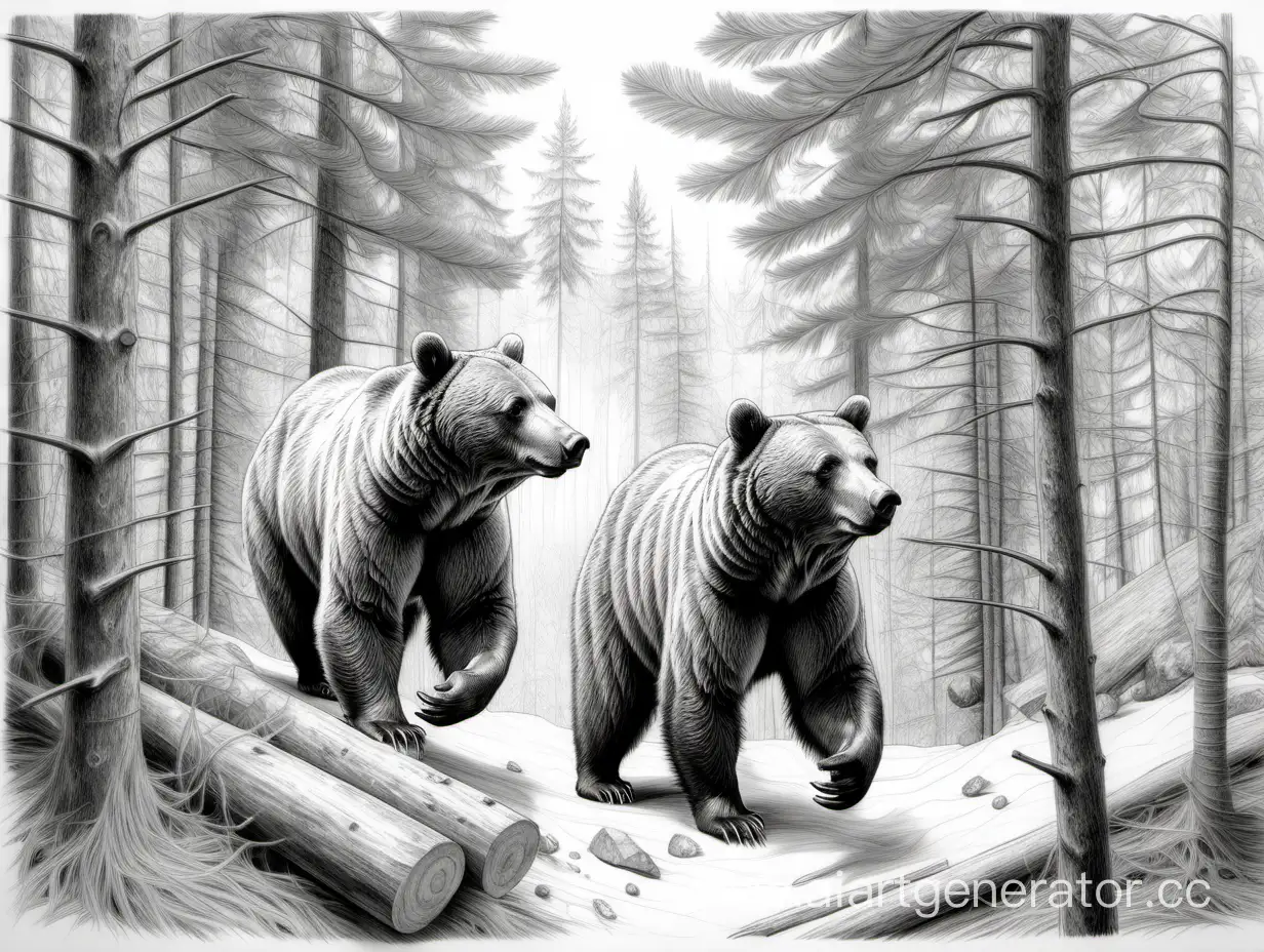 Realistic-Pencil-Drawing-of-Two-Bears-in-Forest-Setting