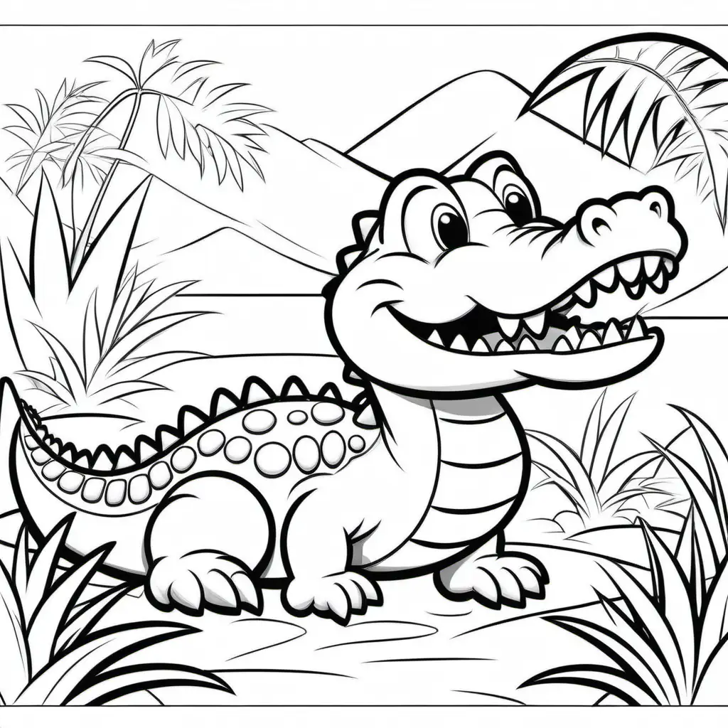 Create a coloring book page for 1 to 4 year olds. A simple cartoon cute smiling friendly faced Alligator and its friendly faced parents with bold outlines in their native enviroment. The image should have no shading or block colors and no background, make sure the animal fits in the picture fully and just clear lines for coloring. make all images with more cartoon faces and smiling