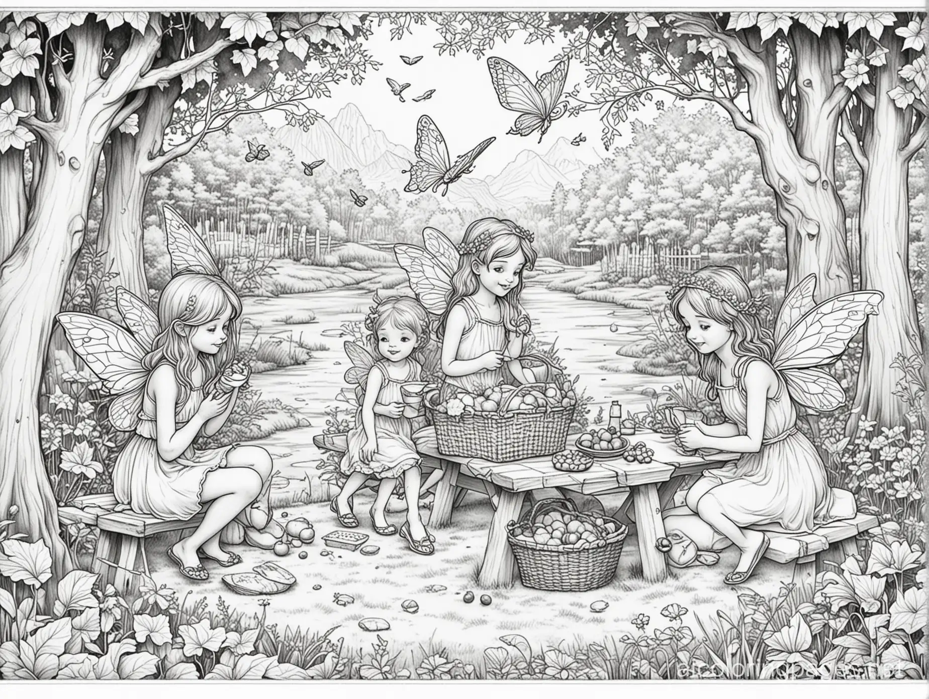 A simple picnic scene with with fairies , Coloring Page, black and white, line art, white background, Simplicity, Ample White Space. The background of the coloring page is plain white to make it easy for young children to color within the lines. The outlines of all the subjects are easy to distinguish, making it simple for kids to color without too much difficulty