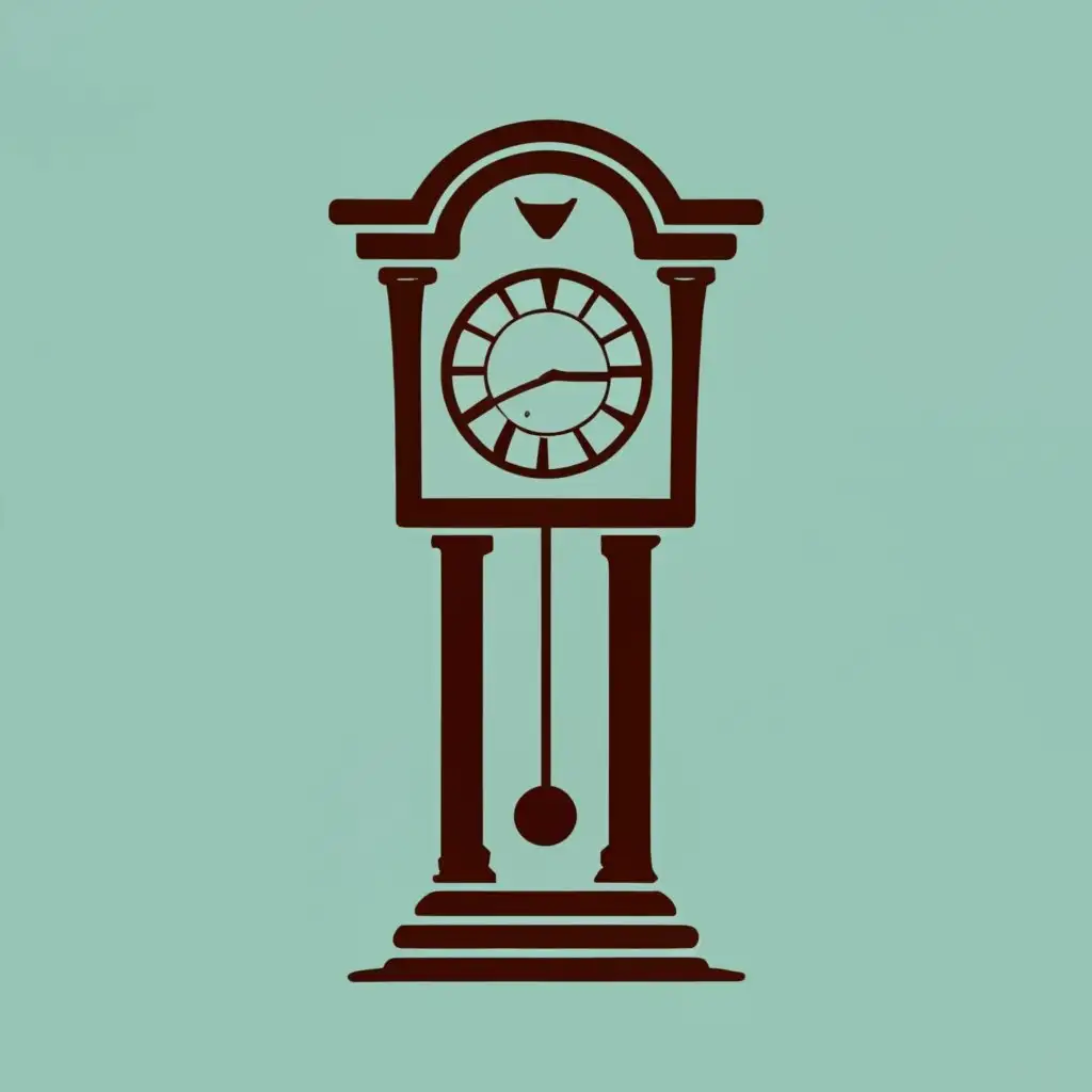 logo, grandfather clock, with the text "Farmer John's Antiques and Thrift Store", typography