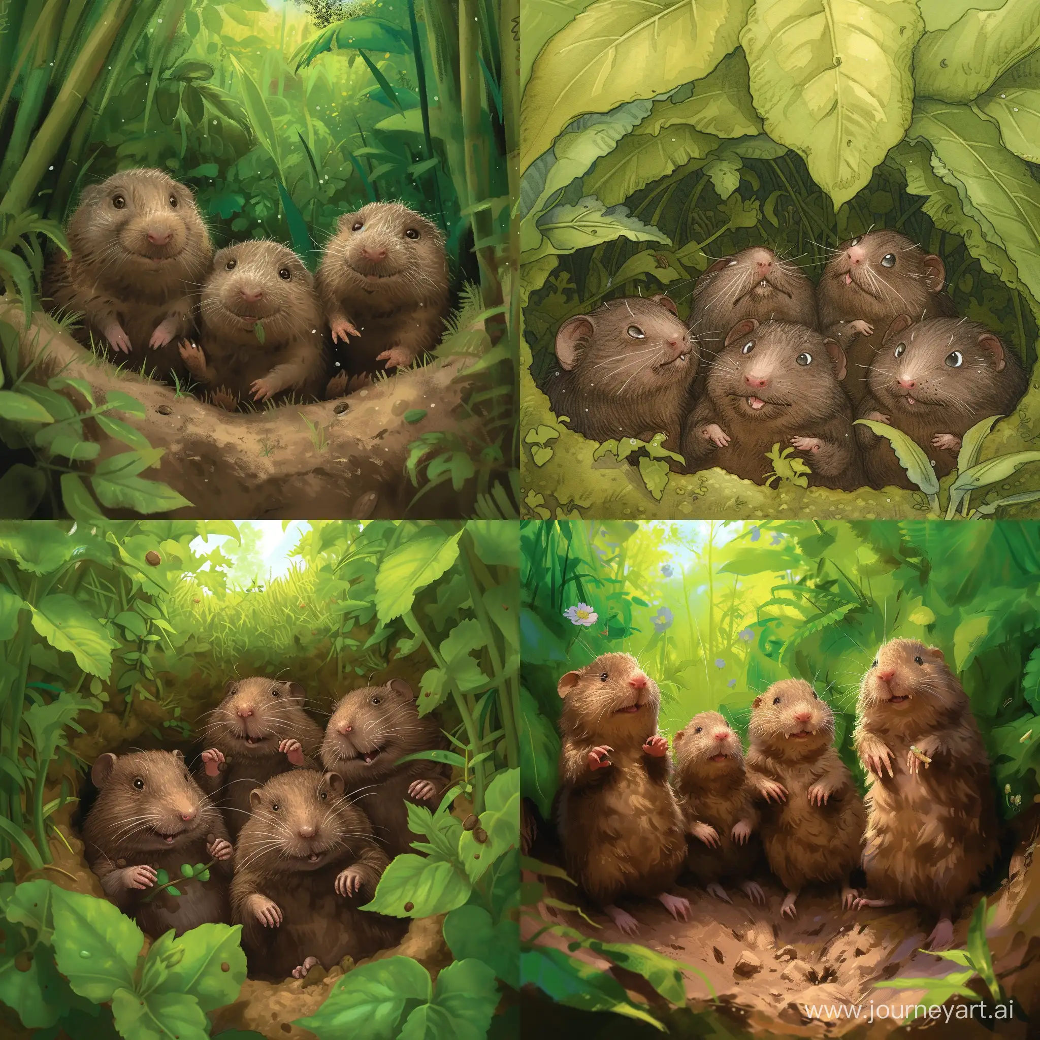 Once upon a time, in the heart of a lush, green forest, there lived four curious moles who loved to explore their underground world.