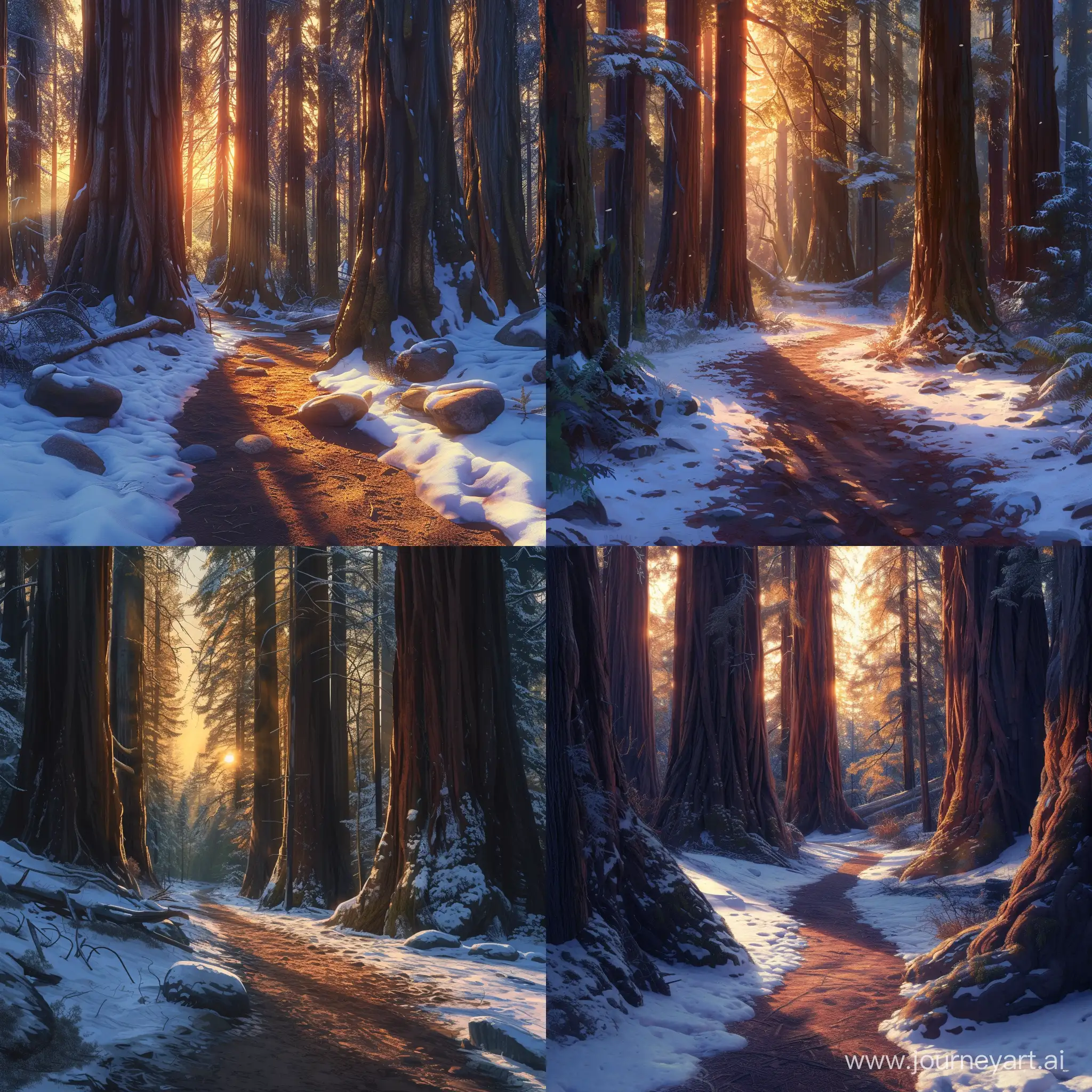 Samuel p. taylor state park, dirt path, massive redwoods, Ice and snow, snow rocks, sunset,  hyperdetailed, erin hanson, george inness, nicolas de stael, cinematic lighting, long shadows, saturated contrast. video game cover art.