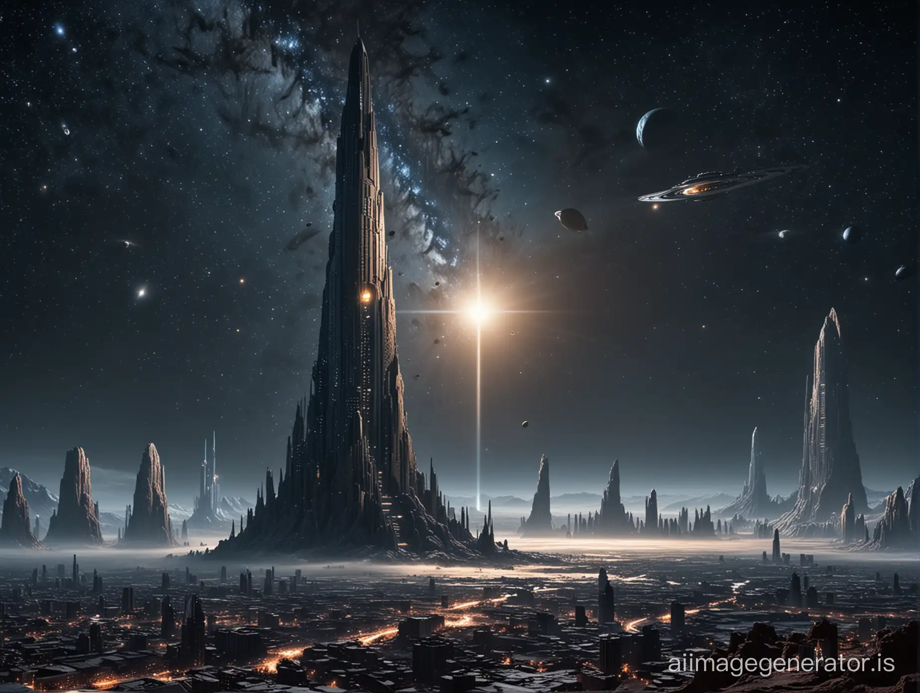The biblical Tower of Babel and a futuristic city placed on Oumuamua in dark intergalactic space. The futuristic city shines with a thousand lights. One can see behind Saturn, Jupiter, and other stars.