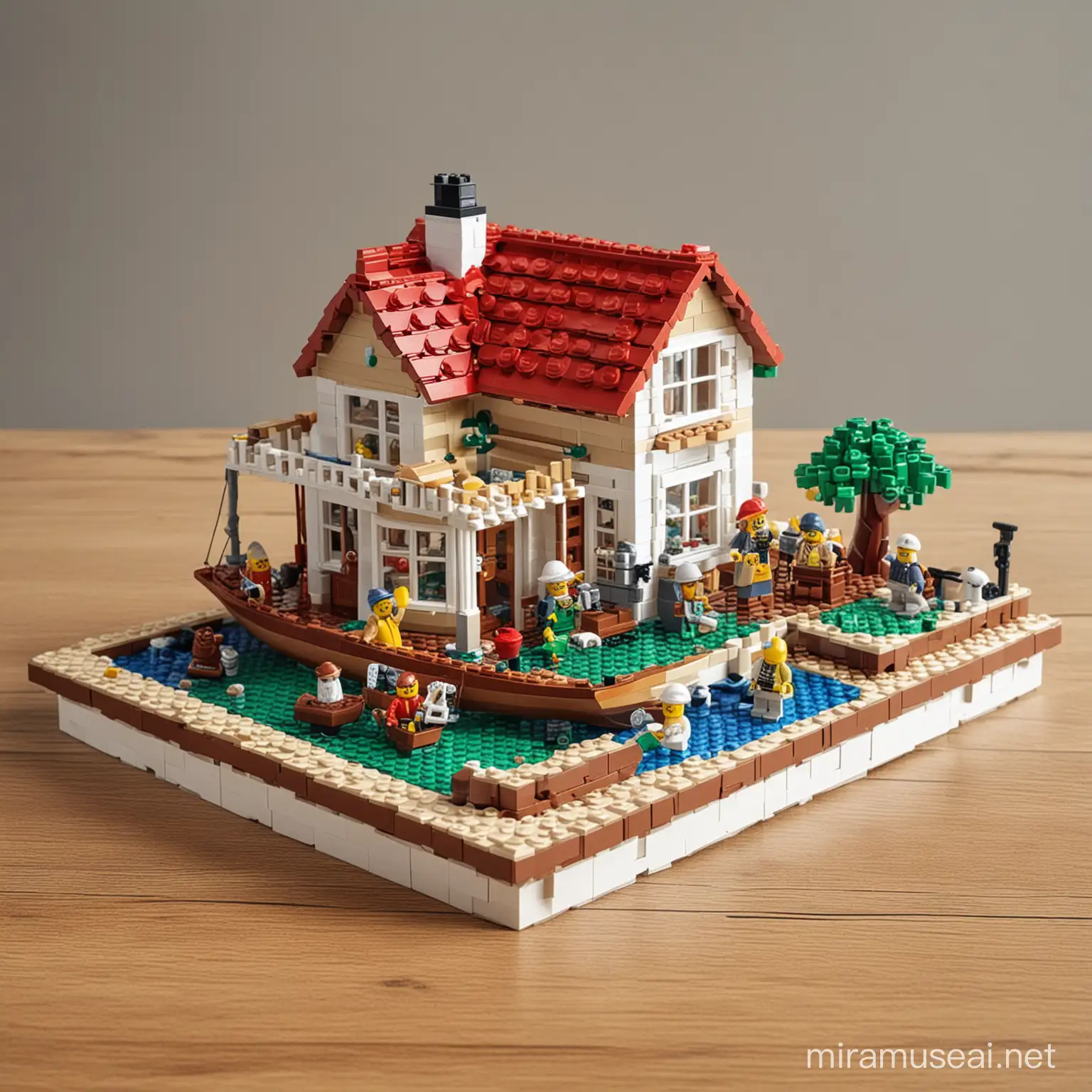 A simple cottage connected to a  boat made of Lego on a table top with a few Lego characters