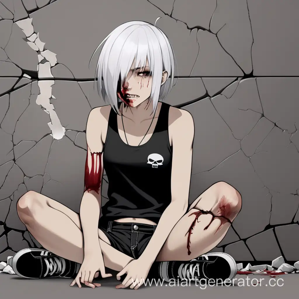 Fearful-WhiteHaired-Girl-with-Wounds-Leaning-Against-Cracked-Wall