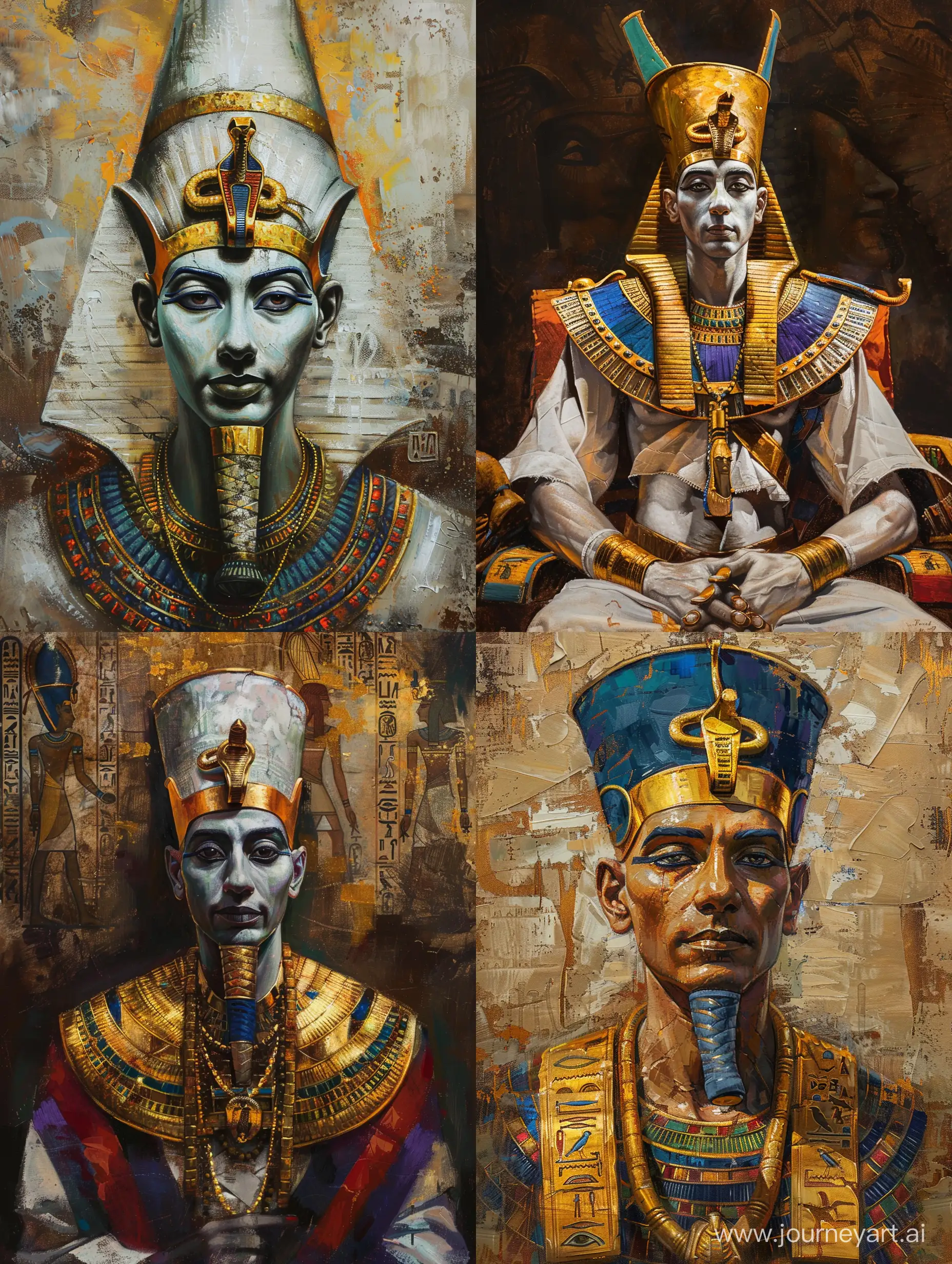 древнеегипетский бог Осирис, золотые украшения, портрет по пояс, масляная живопись, детальная проработка, стилизация, высокое качество