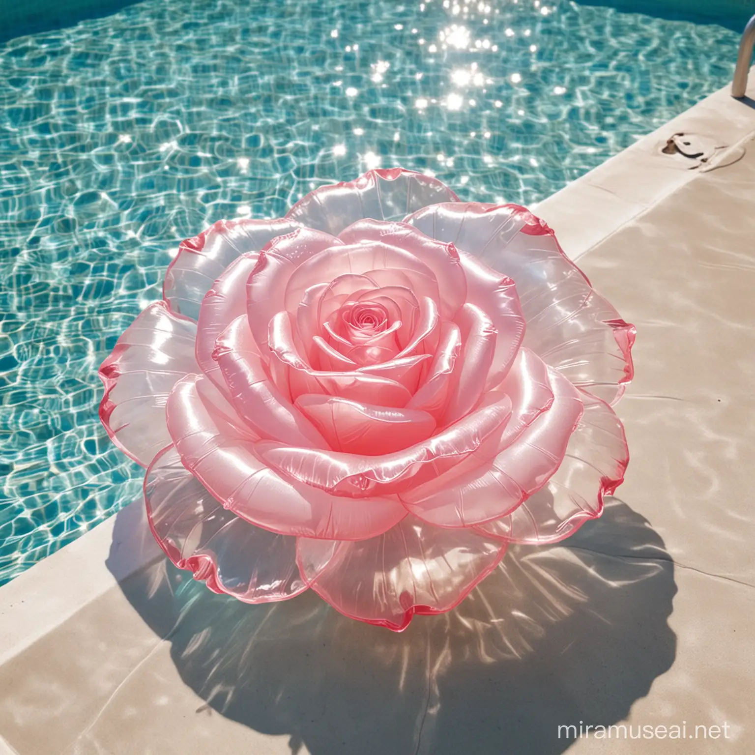 Clear plastic inflatable rose in pool.
Soft sun light comes from the right.