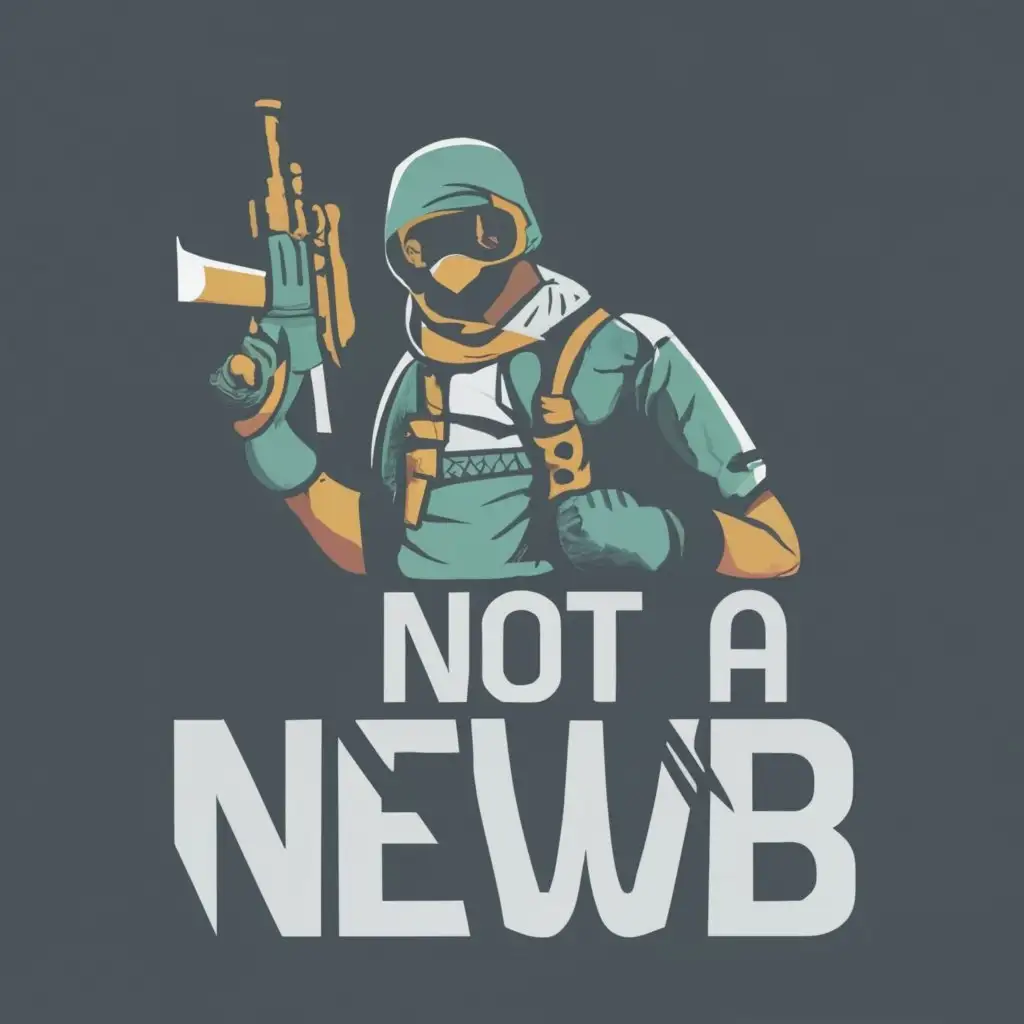 logo, CS GO character with an assault rifle in his hand, with the text "Not a newb", typography, be used in Entertainment industry