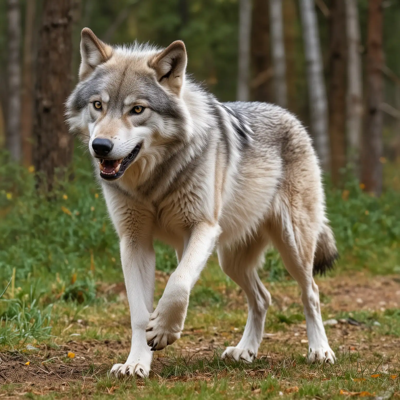 Playful Grey Wolf in Forest Clearing