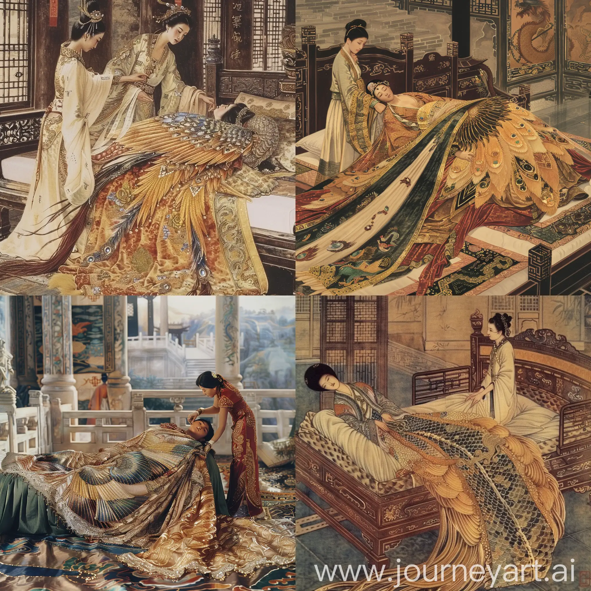 Ancient-Empress-Wu-Zetian-Assisted-by-Maid-in-Magnificent-Palace-Bedchamber