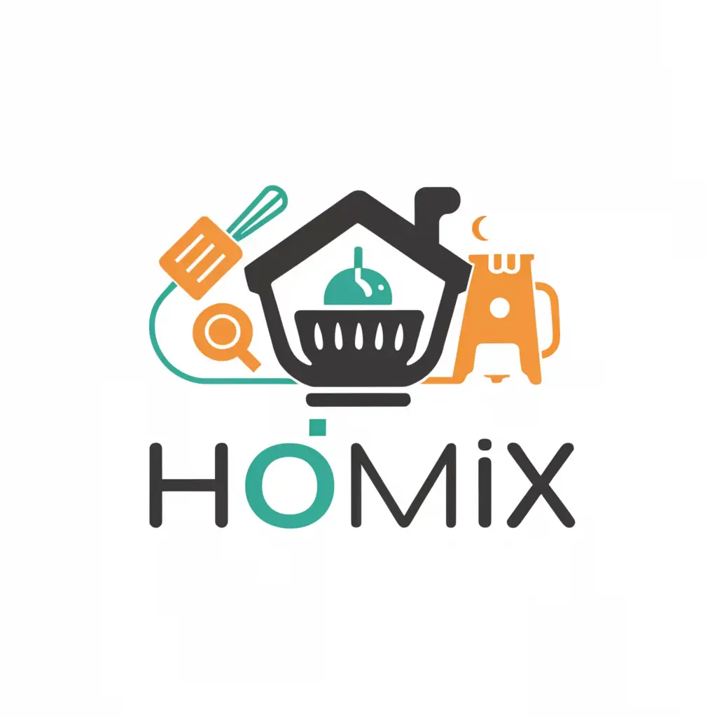 a logo design,with the text "Homix", main symbol:Home Mixing with household and electrical equipment,complex,be used in Home Family industry,clear background