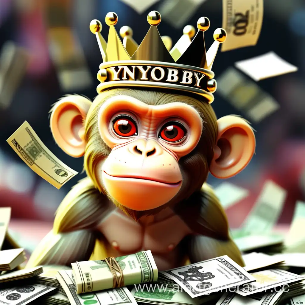 Обезьяна с короной, на короне написано TYNOBY, обезьяна находится в куче денег, , блюр по бокам, текст TYNOBY