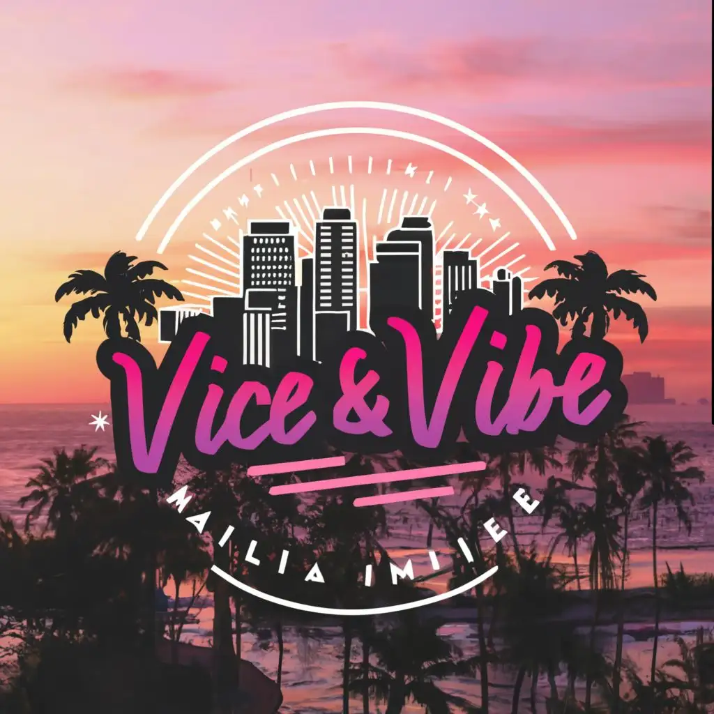 logo, palm tree and downtown miami purple and pink color matching sunset background and more classic font, with the text "Vice&vibe", typography