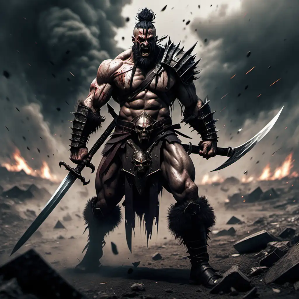 Human warrior with two swords and no armor  in a Battlefield, berserker