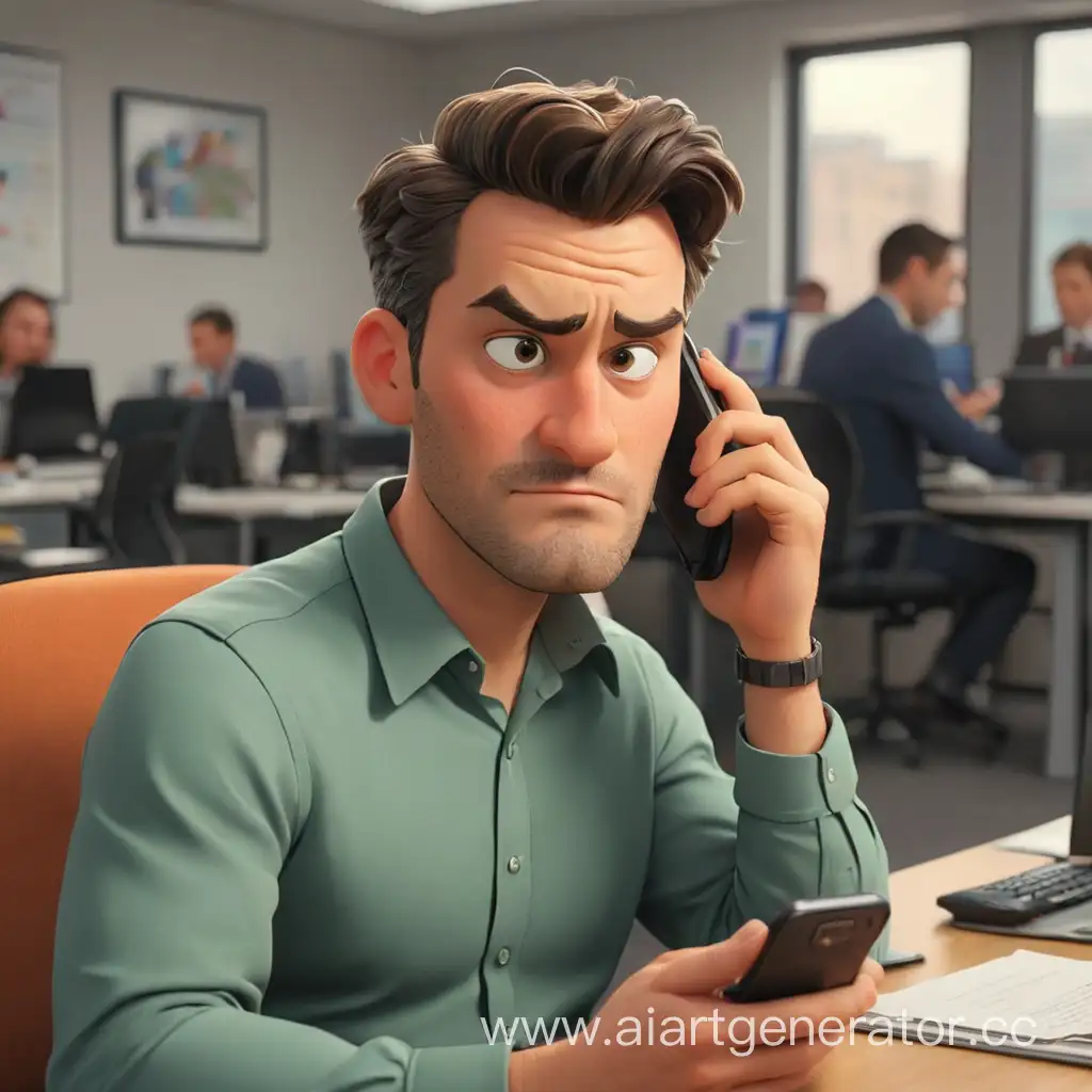 Cartoonish-Man-Checking-Phone-in-Office-Setting