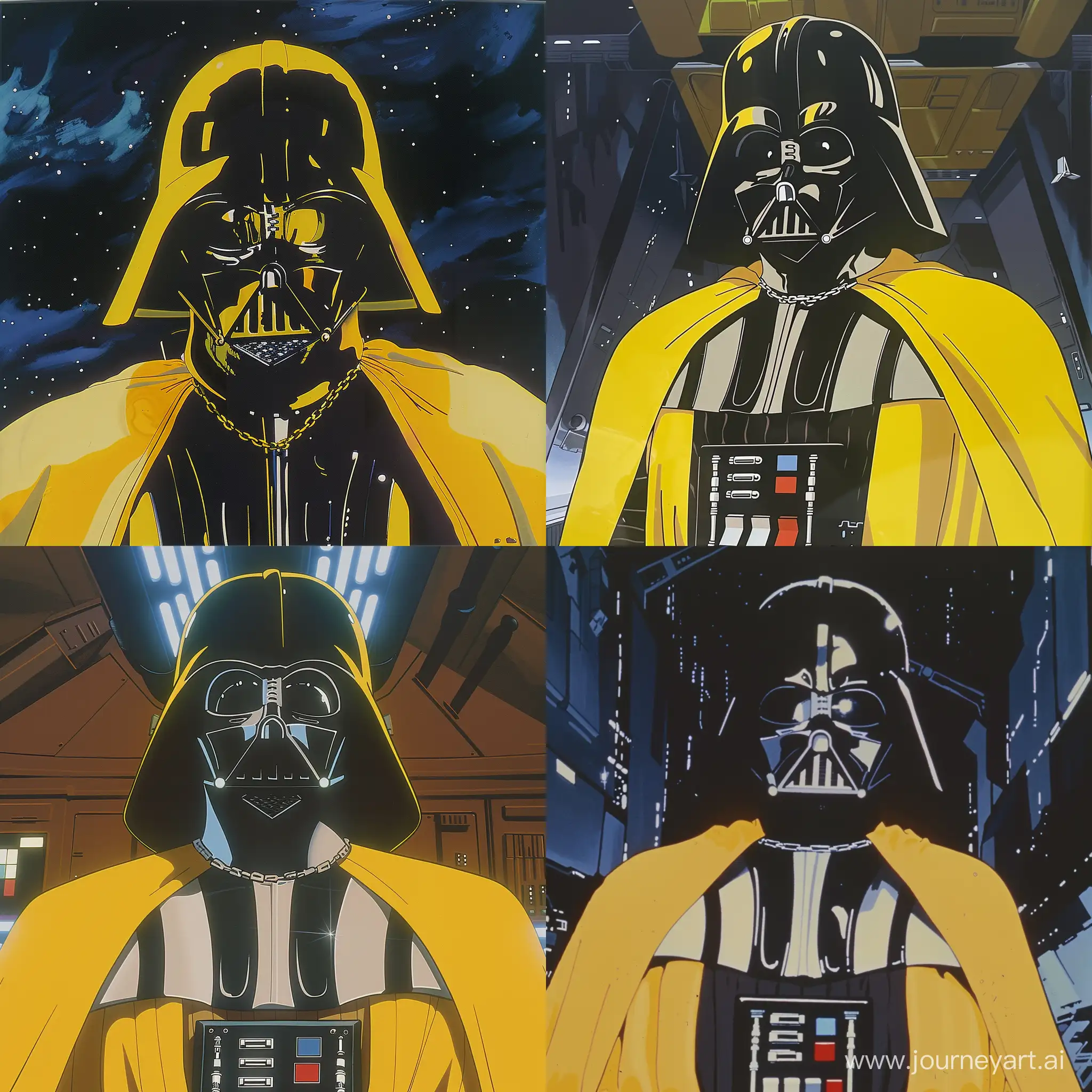 Darth Vader portrait in anime genre film, dvd screenshot from anime film, yellow costume and 80s anime film composition