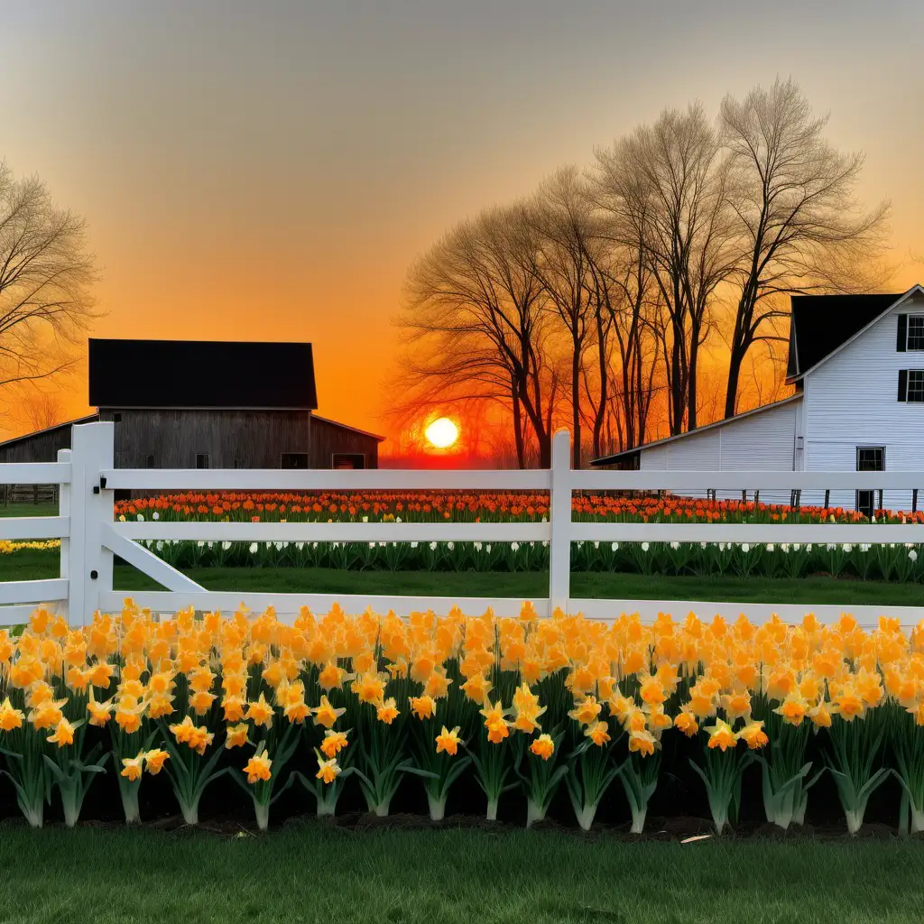 One sun coming up in the background with oranges and yellows filling the sky with the sunrise.  There are 10 daffodils and 5 tulips blooming next to each other, in front of a horse barn with a white fence going around the pasture. There is a black and sorrel horse in the pasture. no keywords
