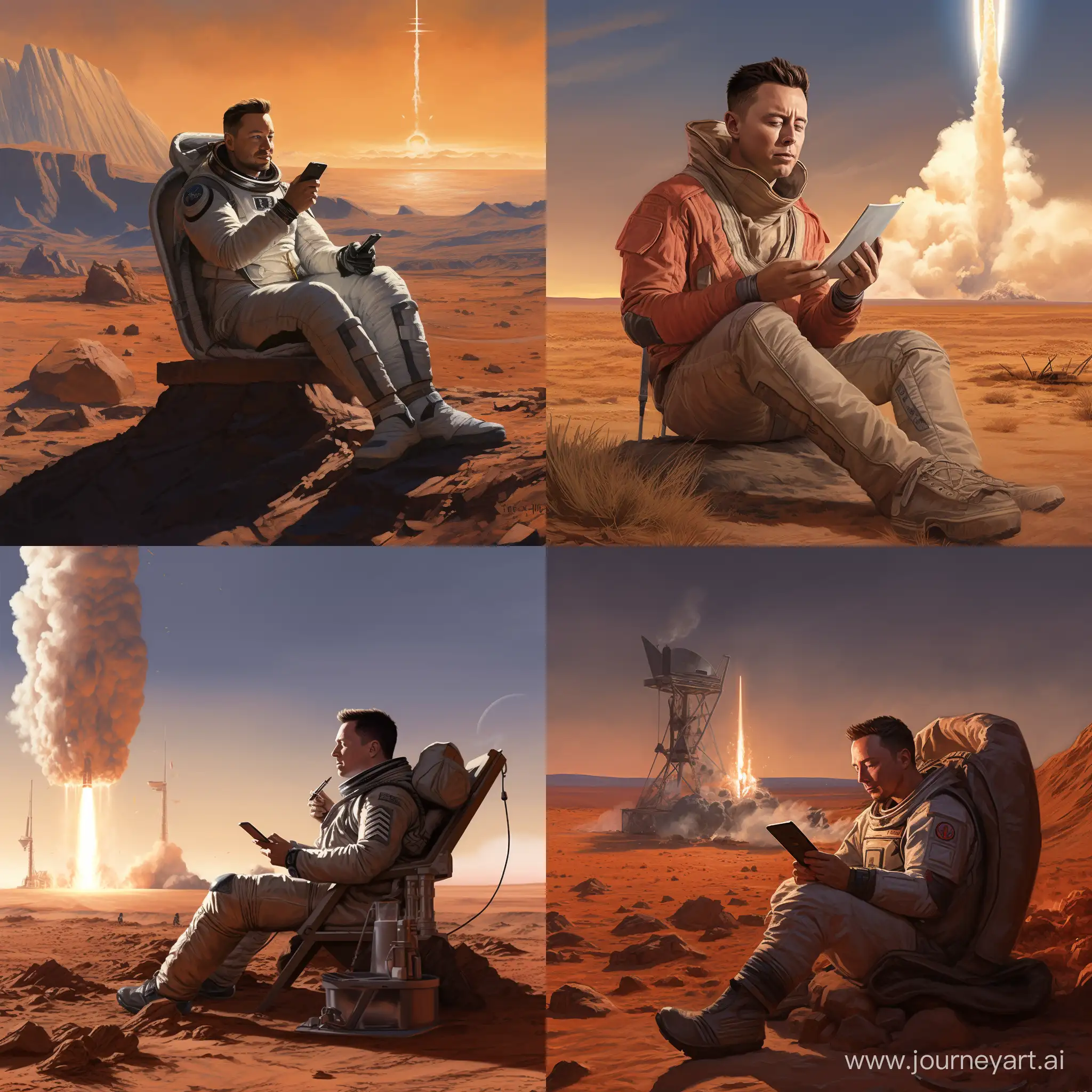 Elon Musk, tweeting on his phone while sitting on the surface of Mars. A SpaceX rocket takes off in the background behind him.