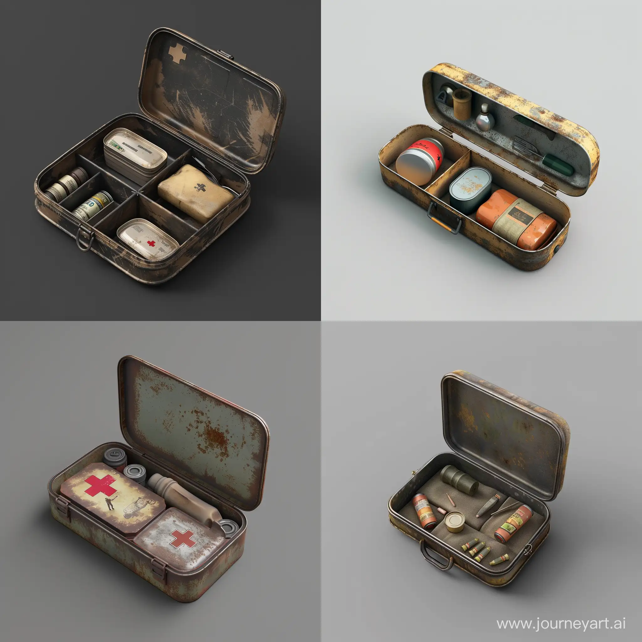 isometric realistic mini very small simple opened survival kit in realistic worn oblong metal case, 3d render, stalker style, less details, hunting first aid, hygiene, canned