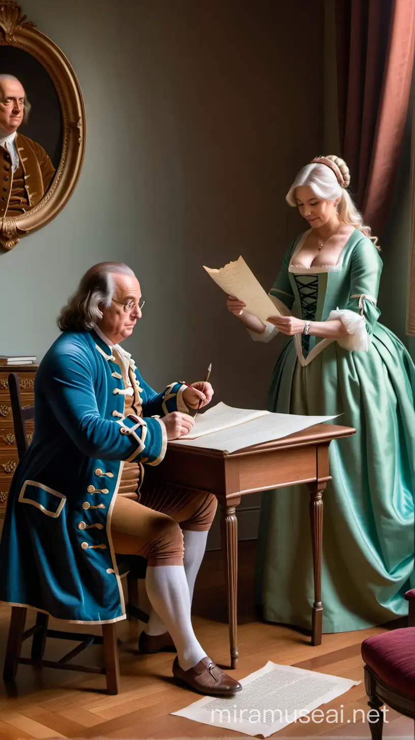 Benjamin Franklin writing a letter, his quill poised over parchment, with older women portrayed in a dignified manner behind him.