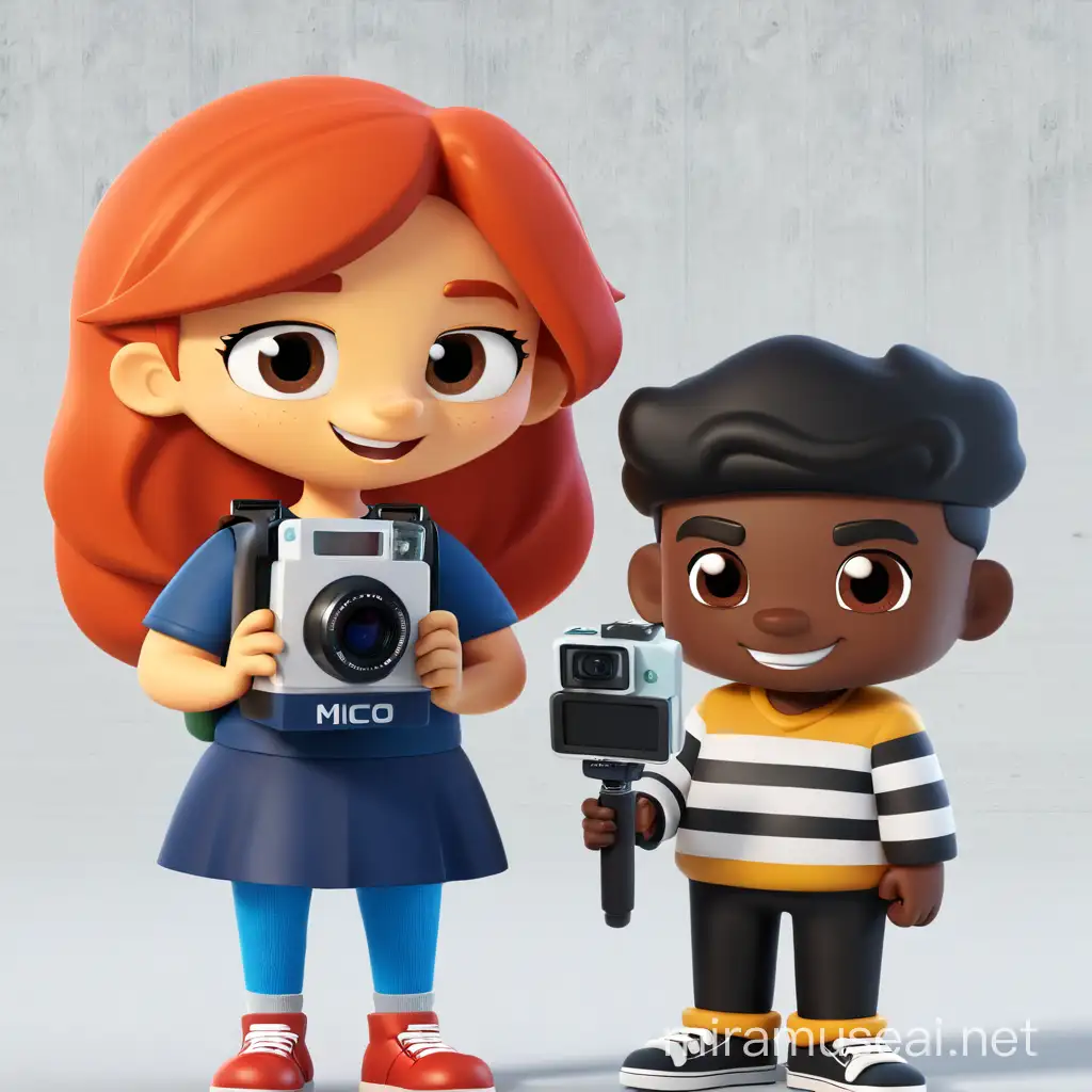RedHaired Girl and Black Teenager Emulating Journalists with Camera and Microphone at School