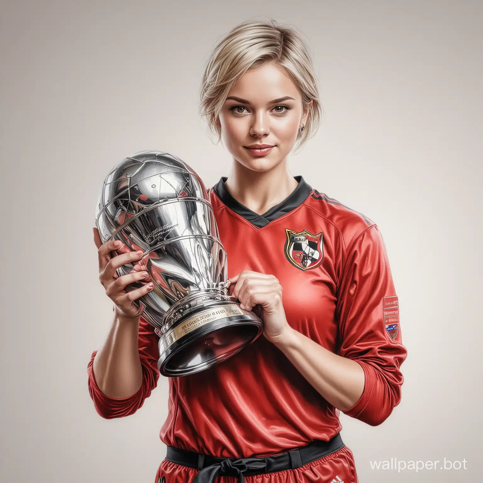 sketch young Anna Rouson 26 years old light short hair 4 breast size narrow waist in red-black football uniform holding a large trophy of champions white background high realism drawing with colored marker