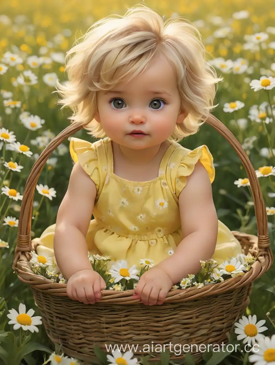 Девочка младенец, русые волосы, короткие, маленький хвостик на голове, сидит в корзине на поле с ромашками, платье жёлтое пышное, большая голова маленькое тело, фон блики мазки краски
