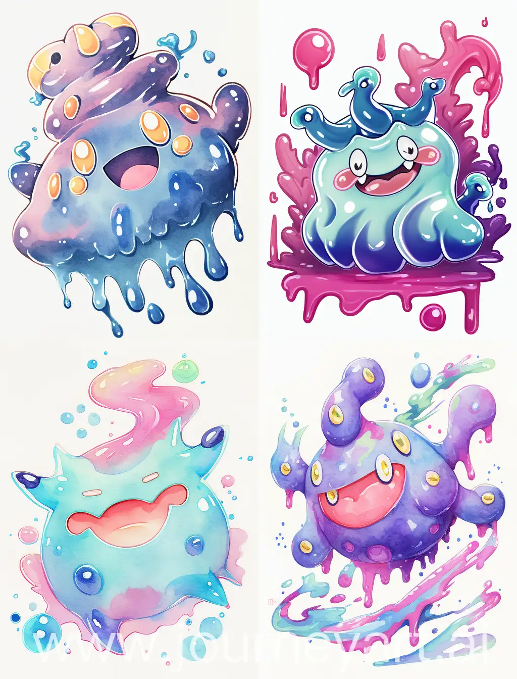 cute and friendly slime monster, uniquely shaped, watercolor anime style