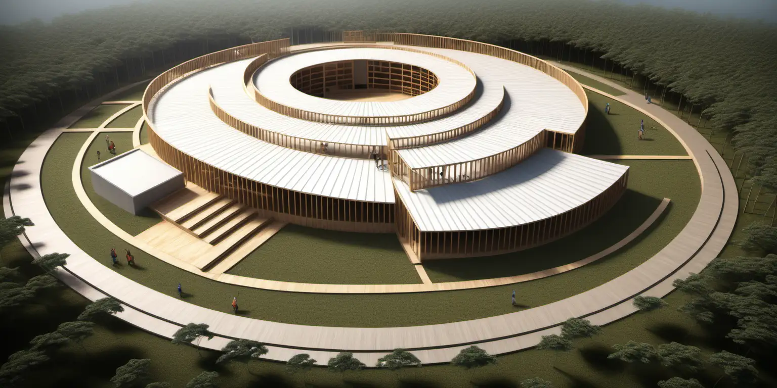 create realistic ideas for a vocational school in liberia africa with a ramp on the same path as the circular region of the GOLDEN RATIO and USE local materials to that region