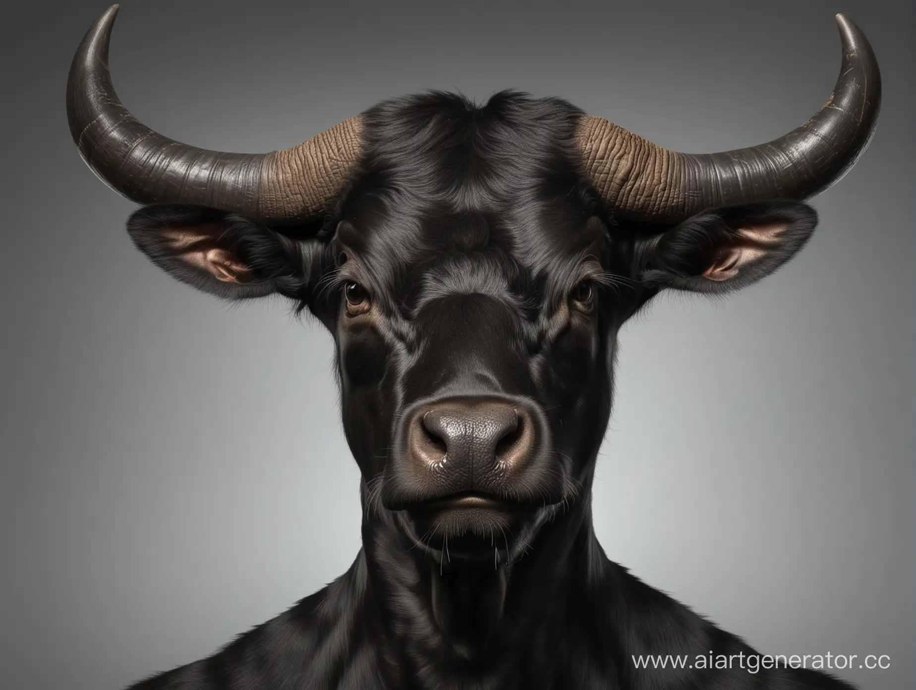 photo is hyper realistic photo Anthropomorphic black skinny bull With Horns on his Head, 19 years old, stands ifull-face in front of the face foreshortening