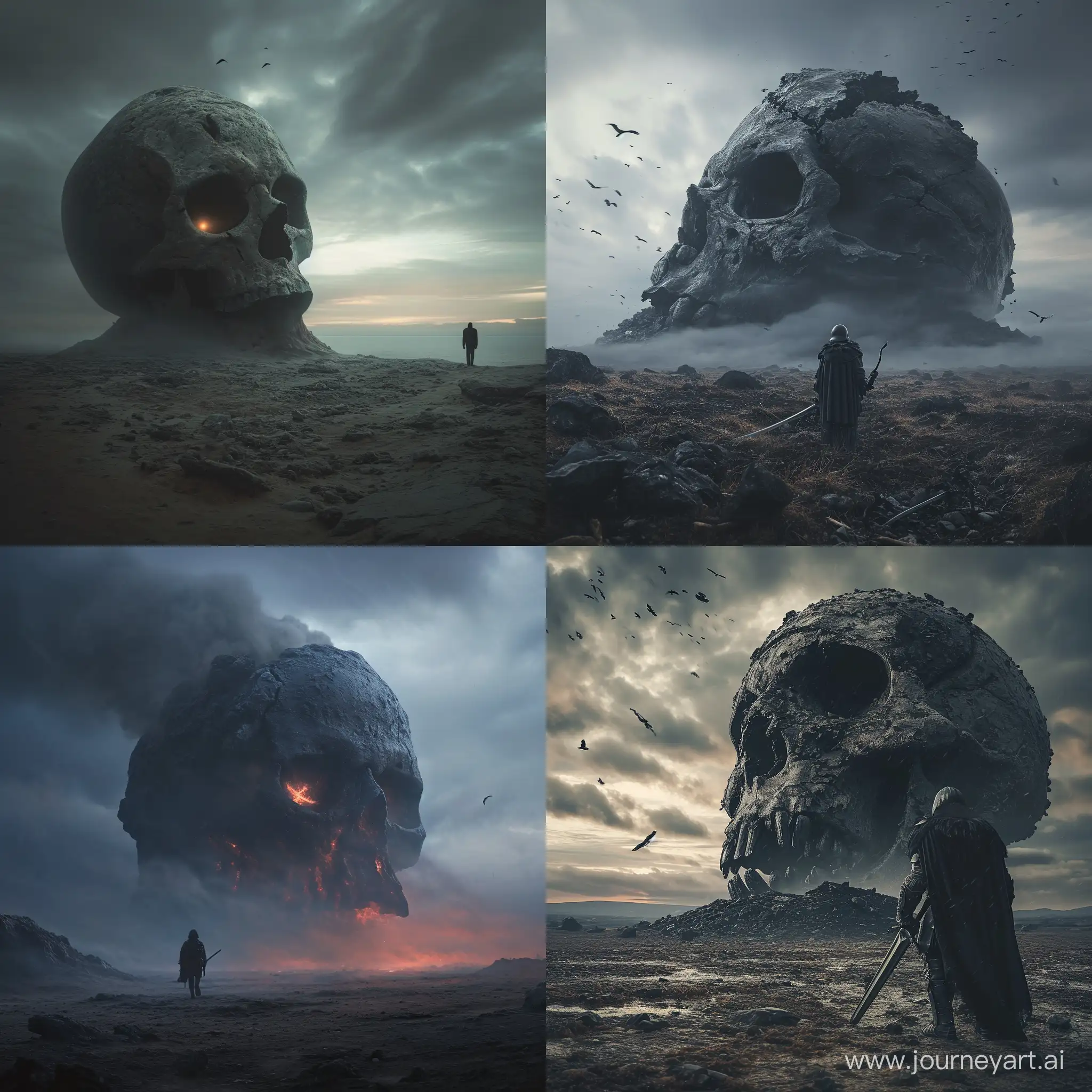 Warrior-Confronts-Giant-Skull-in-Desolate-Dusk-Landscape