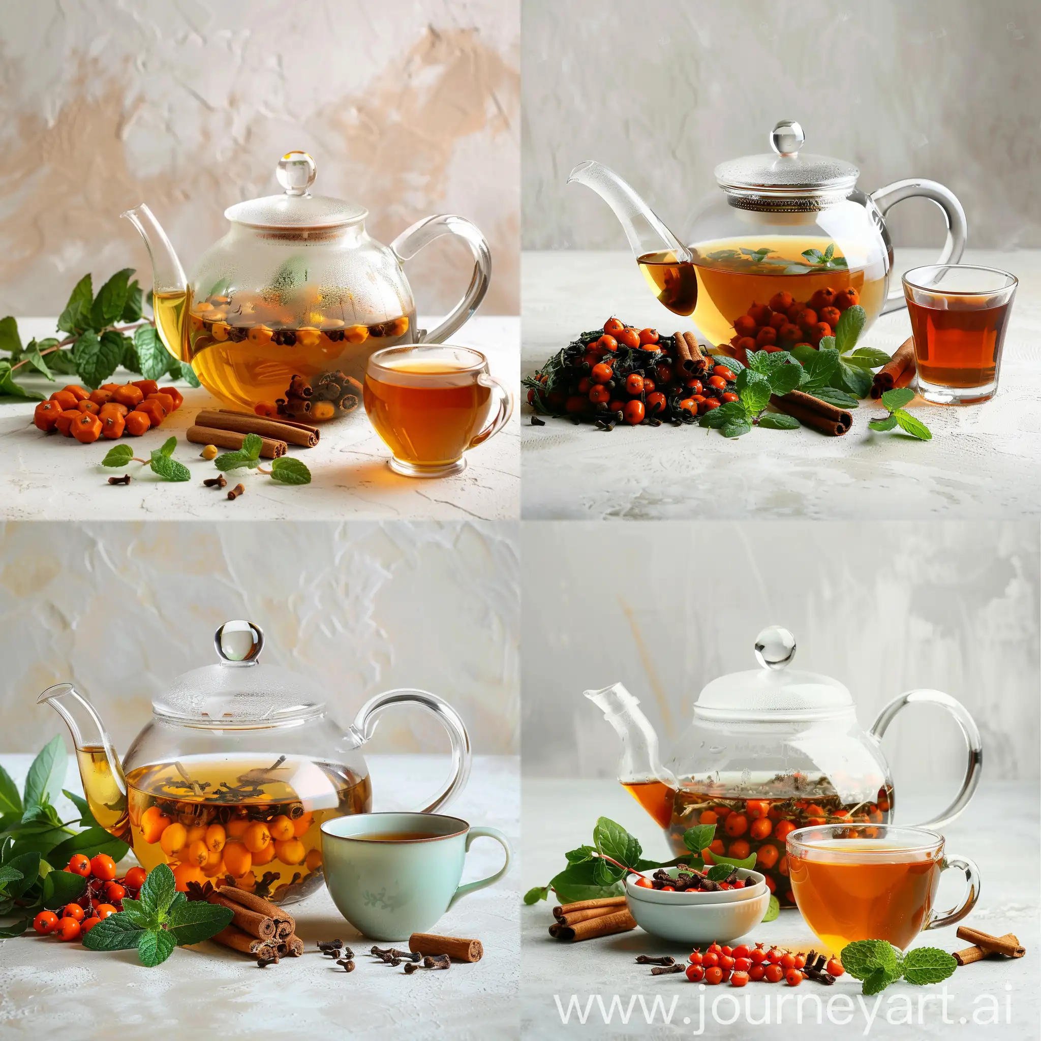 Прозрачный чайник с чаем, облепихой, корицей и мятой и чашка чая на светлом фоне