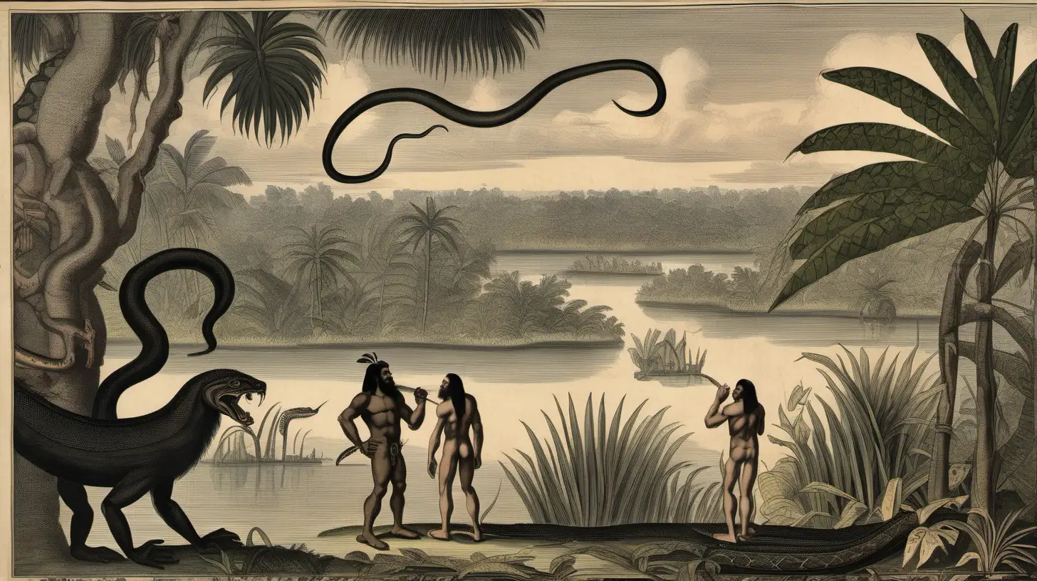 A 16th century Spanish man with long black hair and a black long beard is shirtless and standing by the river of the Amazon river and jungle speaking with an indigenous shaman who is part snake and part human. More snakes swim in the river behind them. It is raining and the scene is very humid, they're surrounded by wet jungle. In the style of theodore de bry without any text captions.