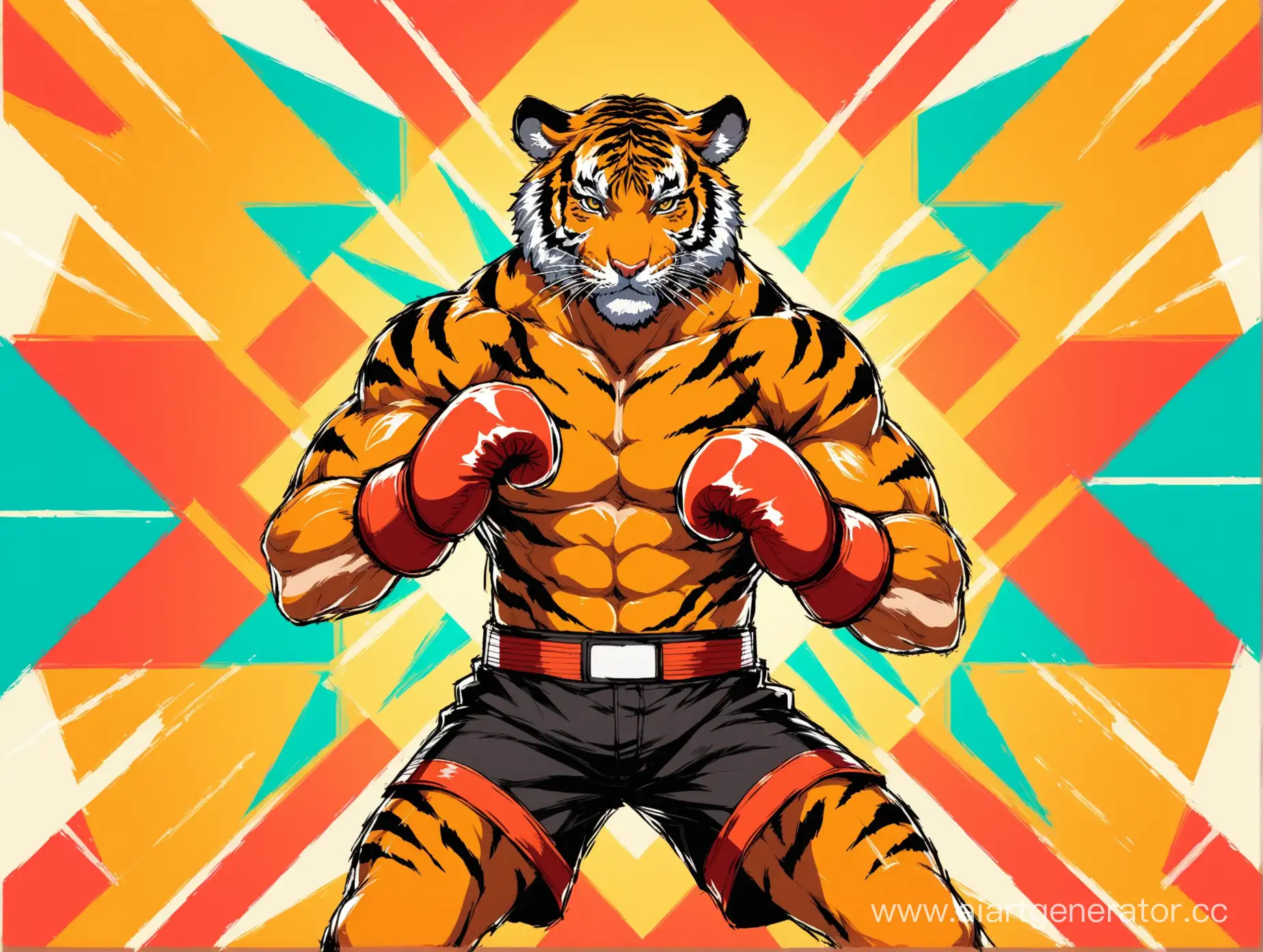 Dynamic-Tiger-Kickboxer-Against-Vivid-Geometric-Backdrop